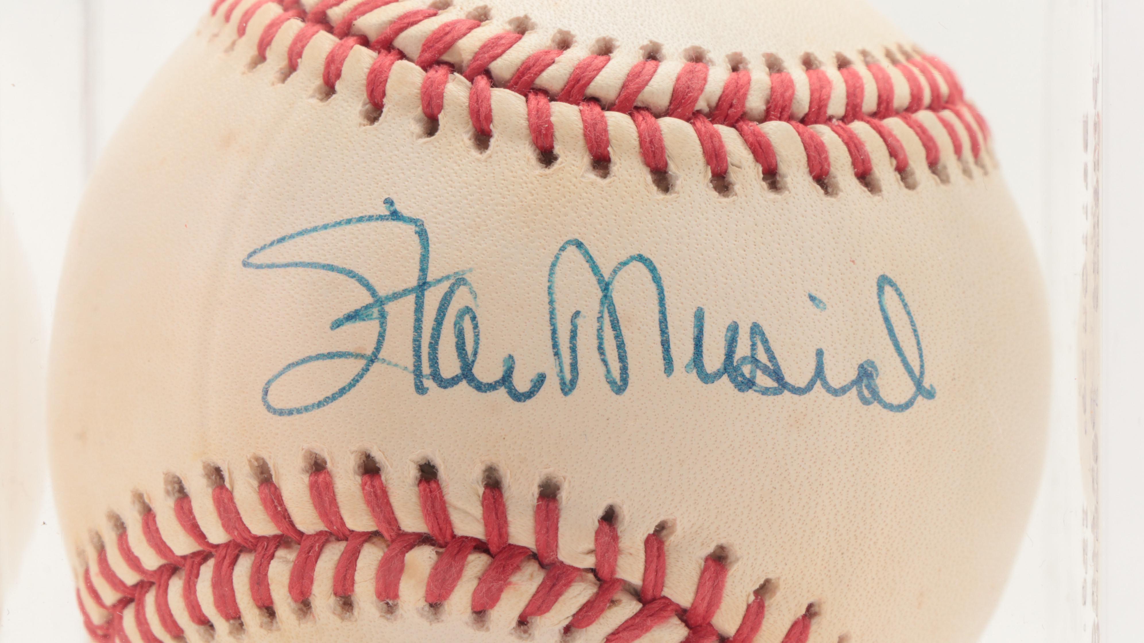 Stan Musial Signed Rawlings Baseball, 3000th Hit Edition Baseball Digest and Pin