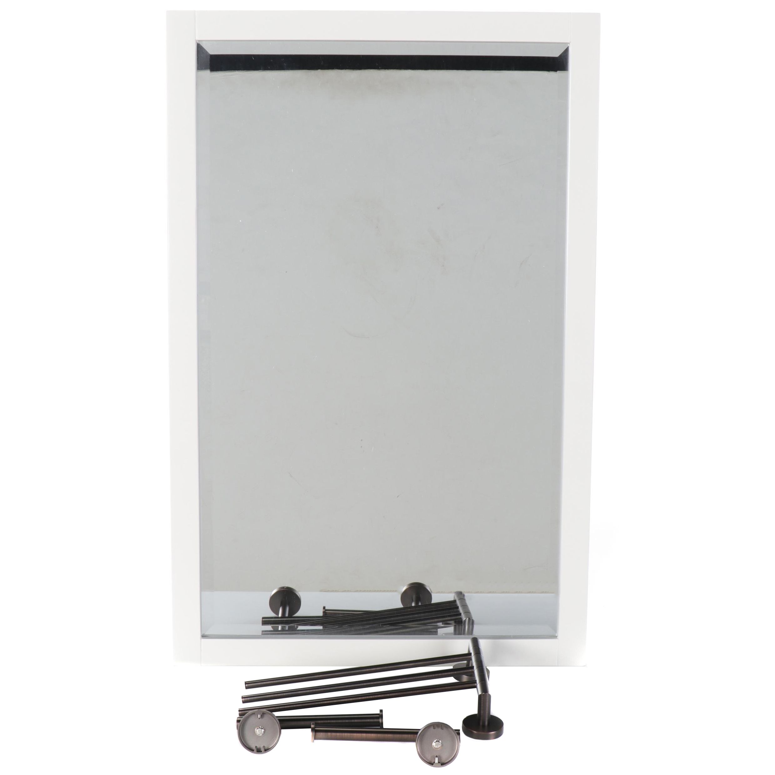 White Wood Framed Vanity Mirror with Oil Rubbed Bronze Finish Bathroom Fixtures