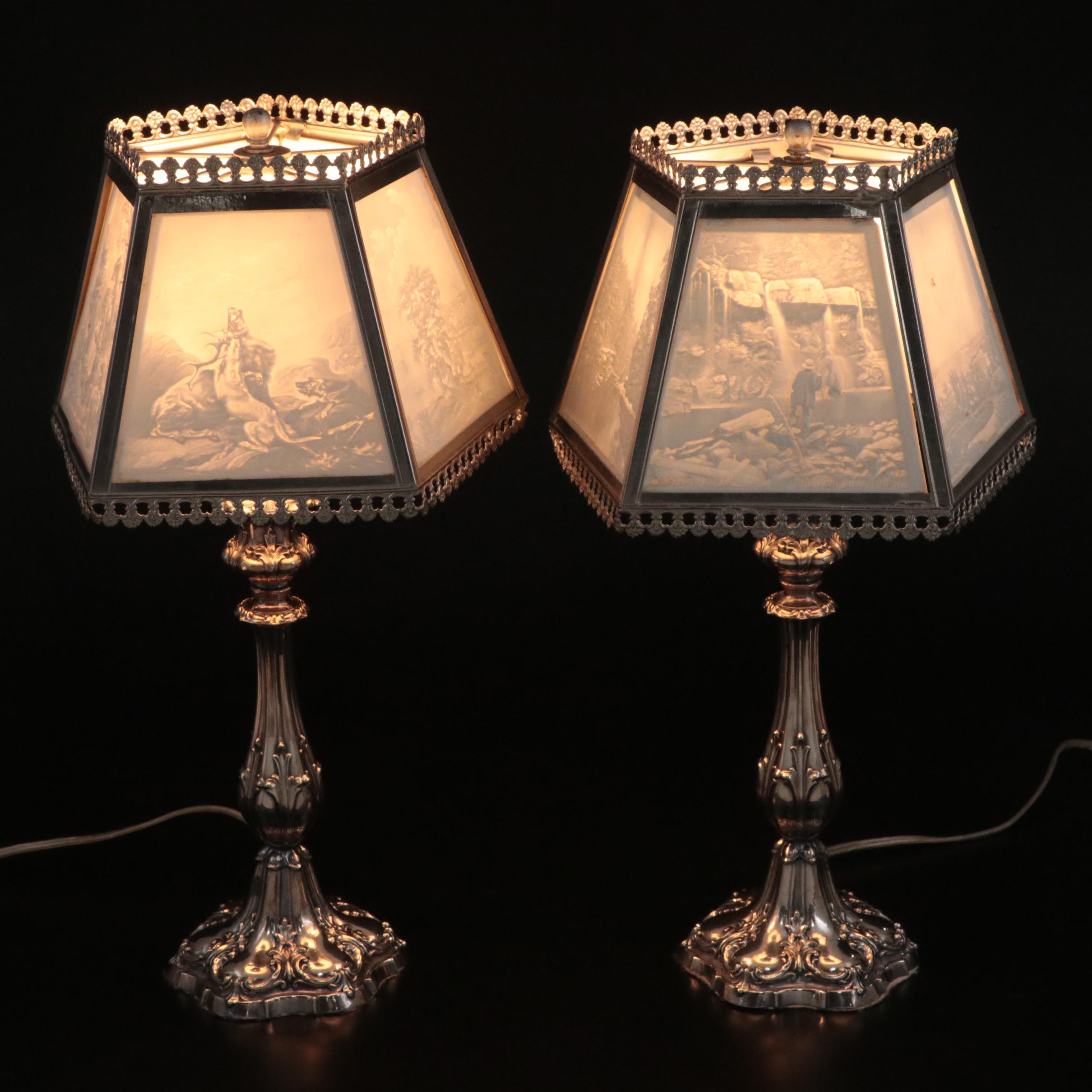 Silver Plate Candlestick Table Lamps with Lithophane Paneled Shades