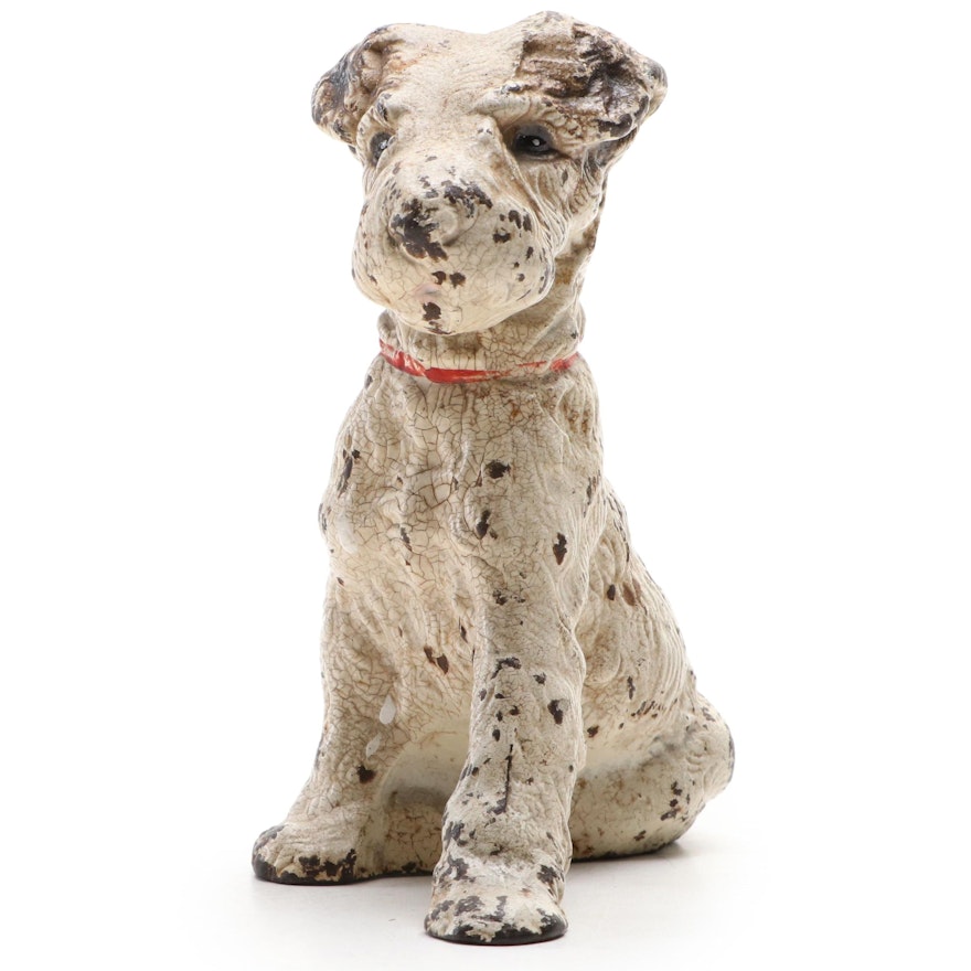 Cold-Painted Cast Iron Fox Terrier Puppy Doorstop, Mid-20th Century