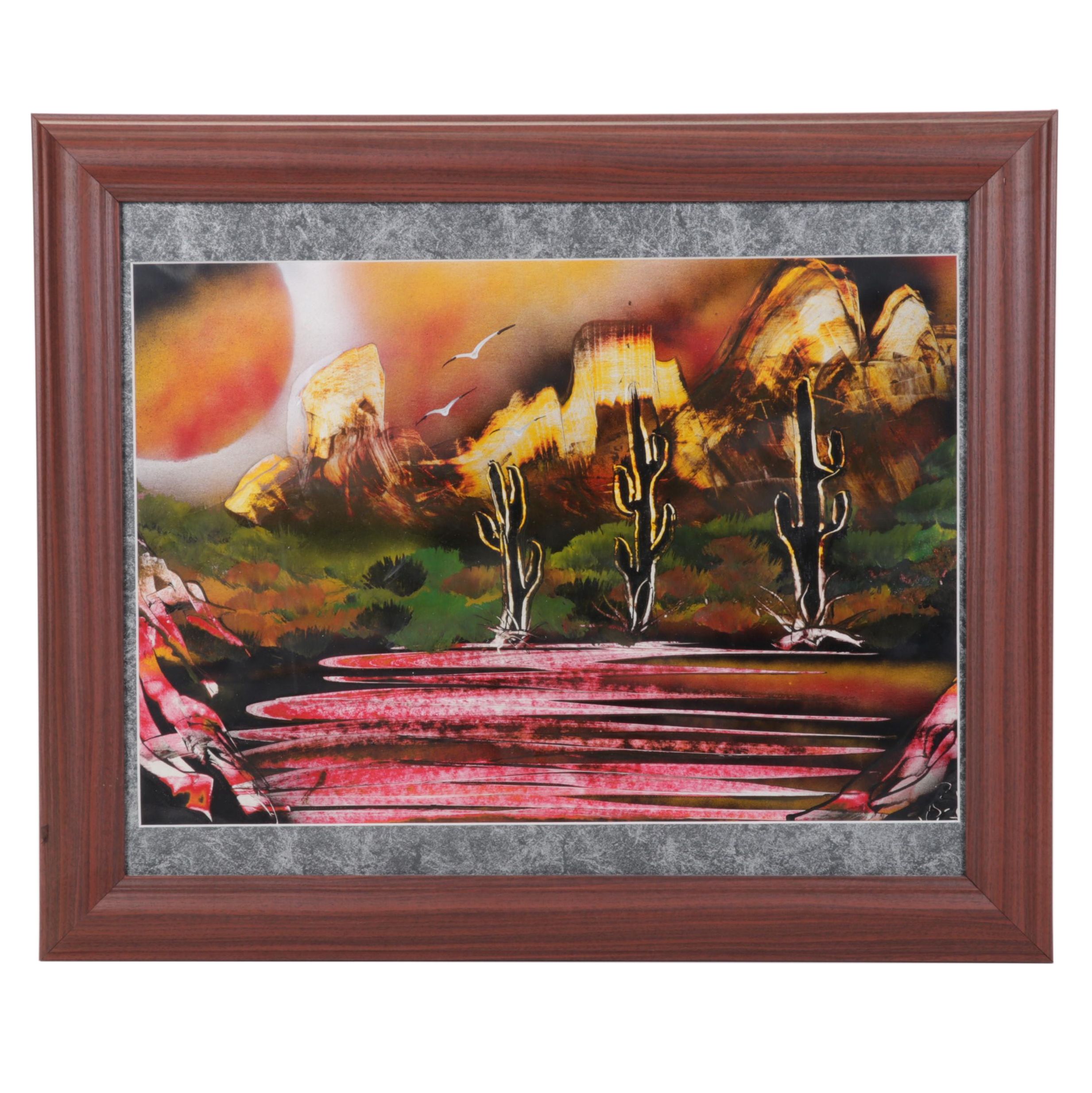 Folk Art Acrylic Painting of Southwestern Landscape With Cacti