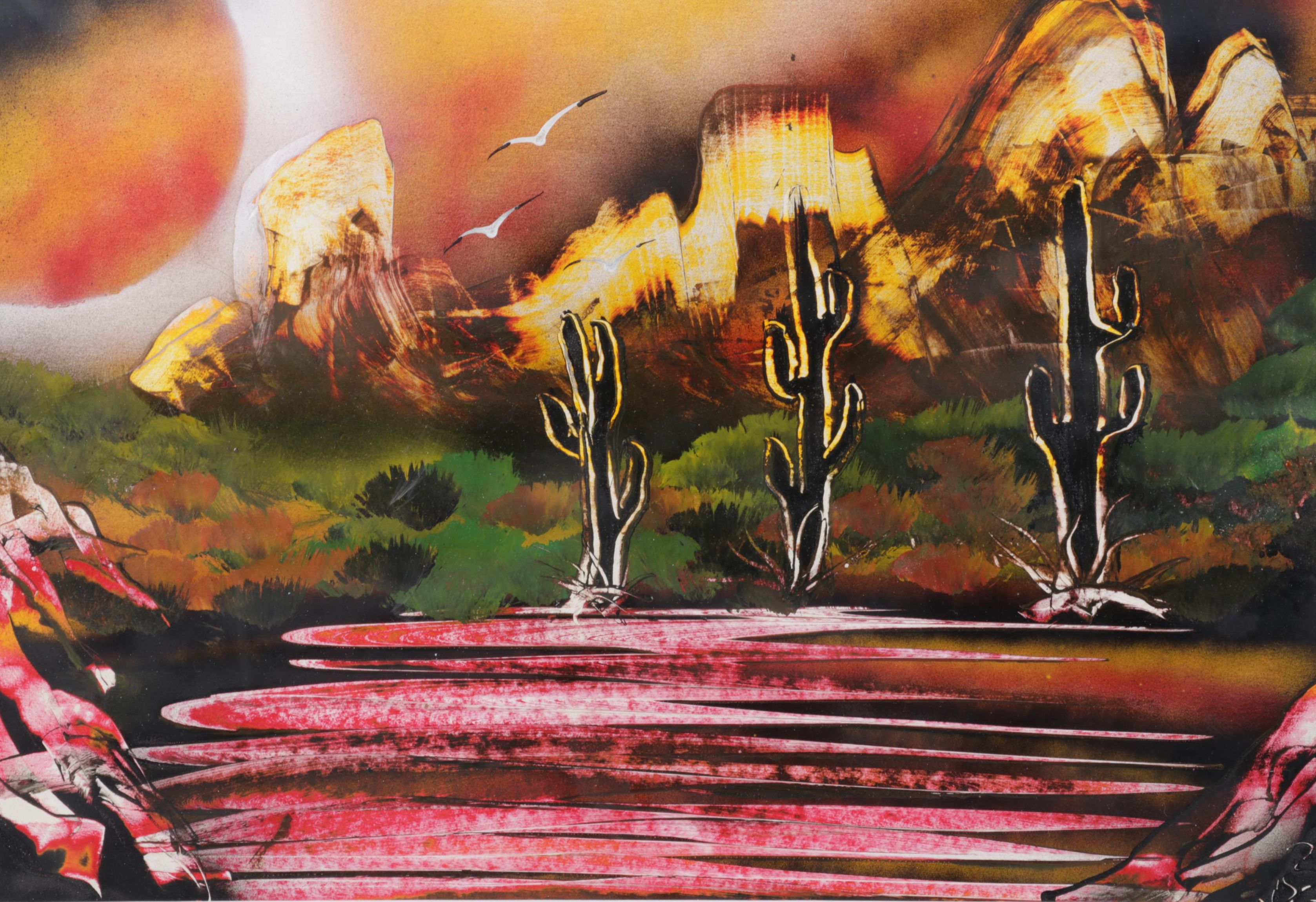 Folk Art Acrylic Painting of Southwestern Landscape With Cacti