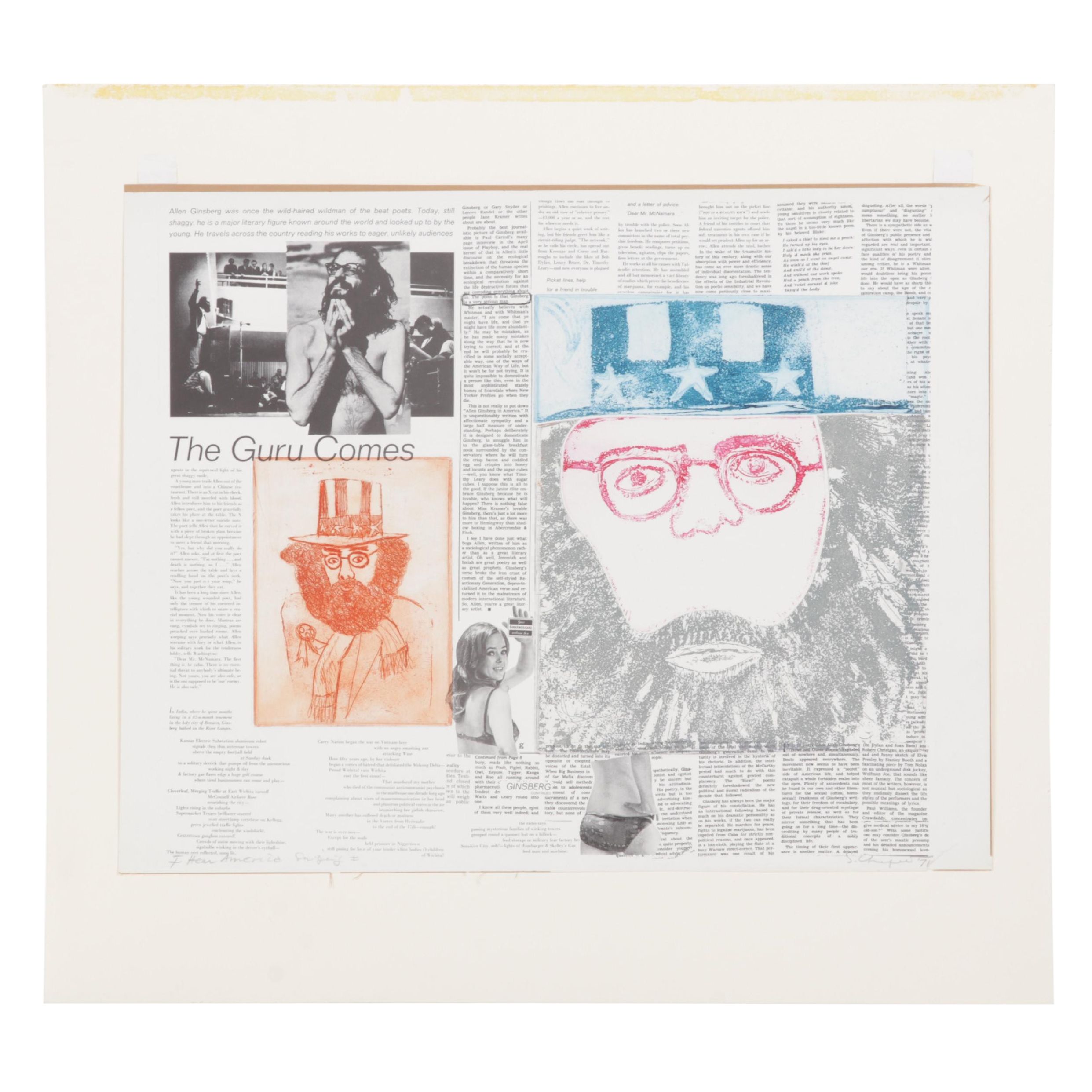 Sidney Chafetz Mixed Media Print "I Hear America Singing (The Guru Comes), 1971