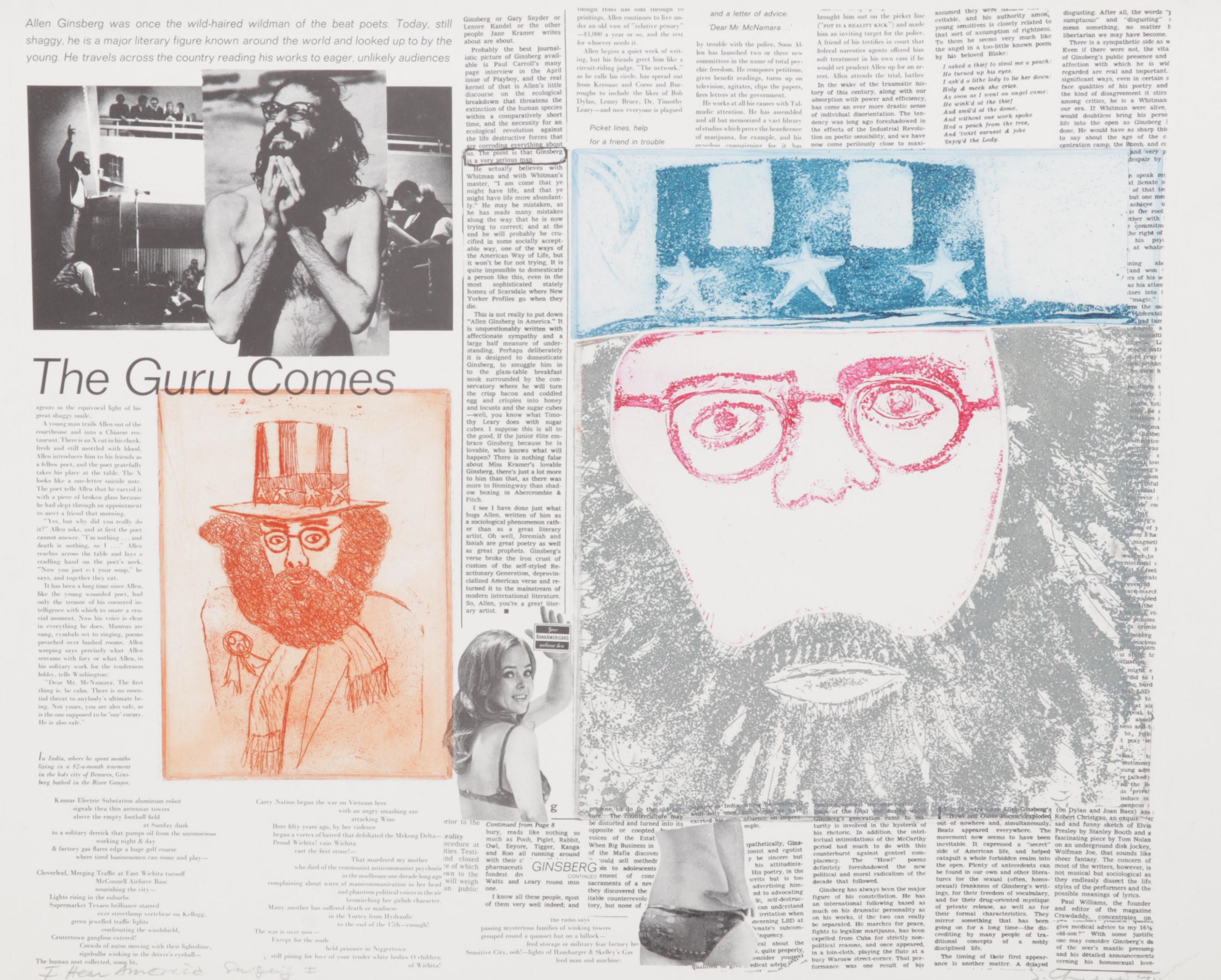Sidney Chafetz Mixed Media Print "I Hear America Singing (The Guru Comes), 1971