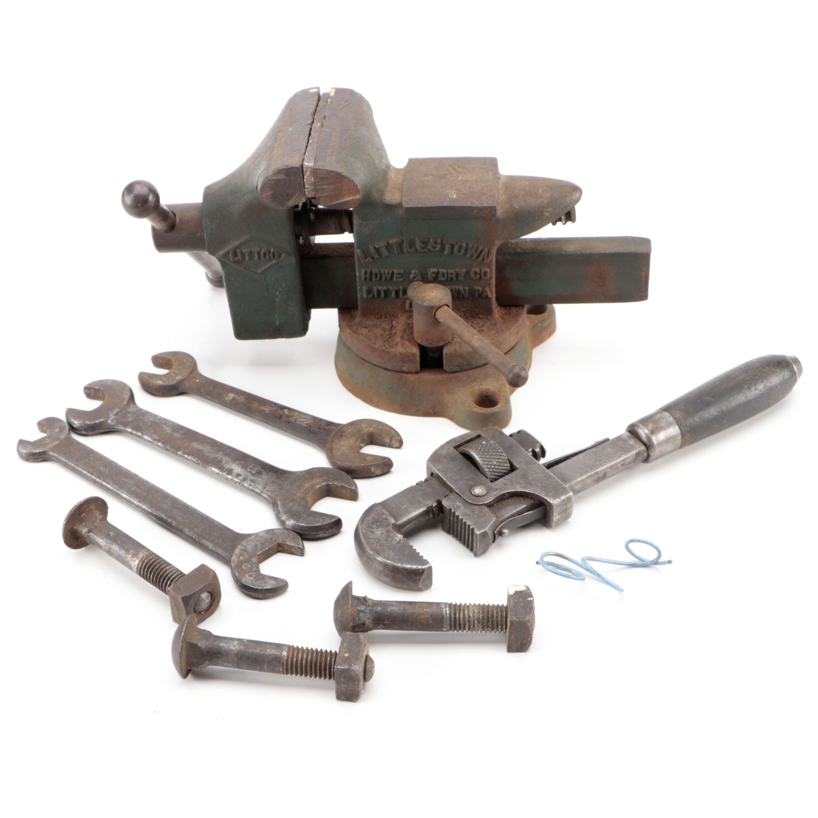 Littco No. 112 Cast Iron Bench Vise With Crescent Wrenches and Vise Grip