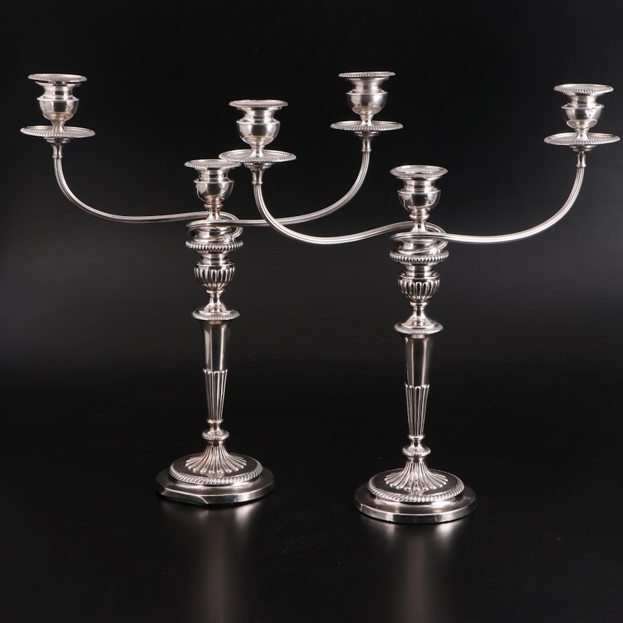 Monumental Pair of Neoclassical Silver Plate Candelabra