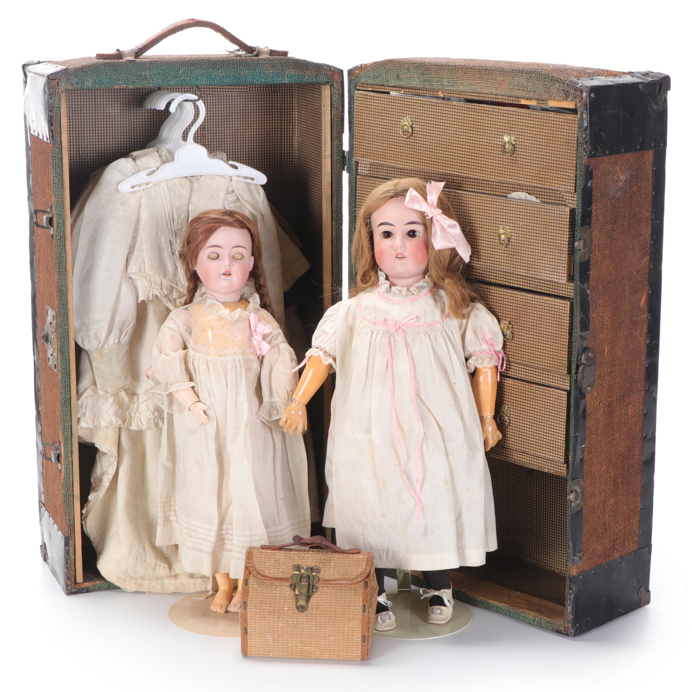 German Porcelain Girl Dolls with Original Trunk and Clothing and Accessories
