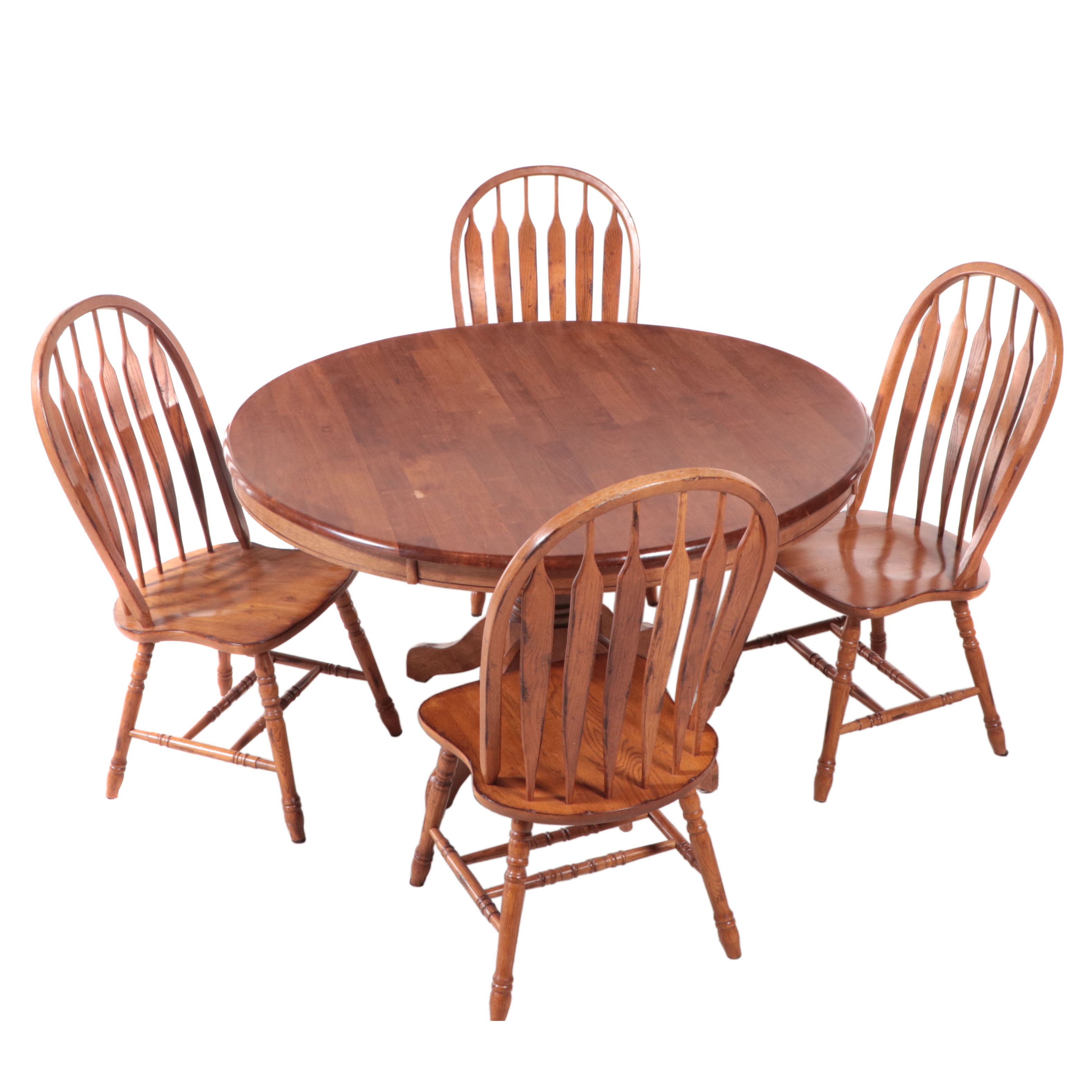Colonial Style Acacia Pedestal Dining Table with Four Oak Arrow-Back Chairs