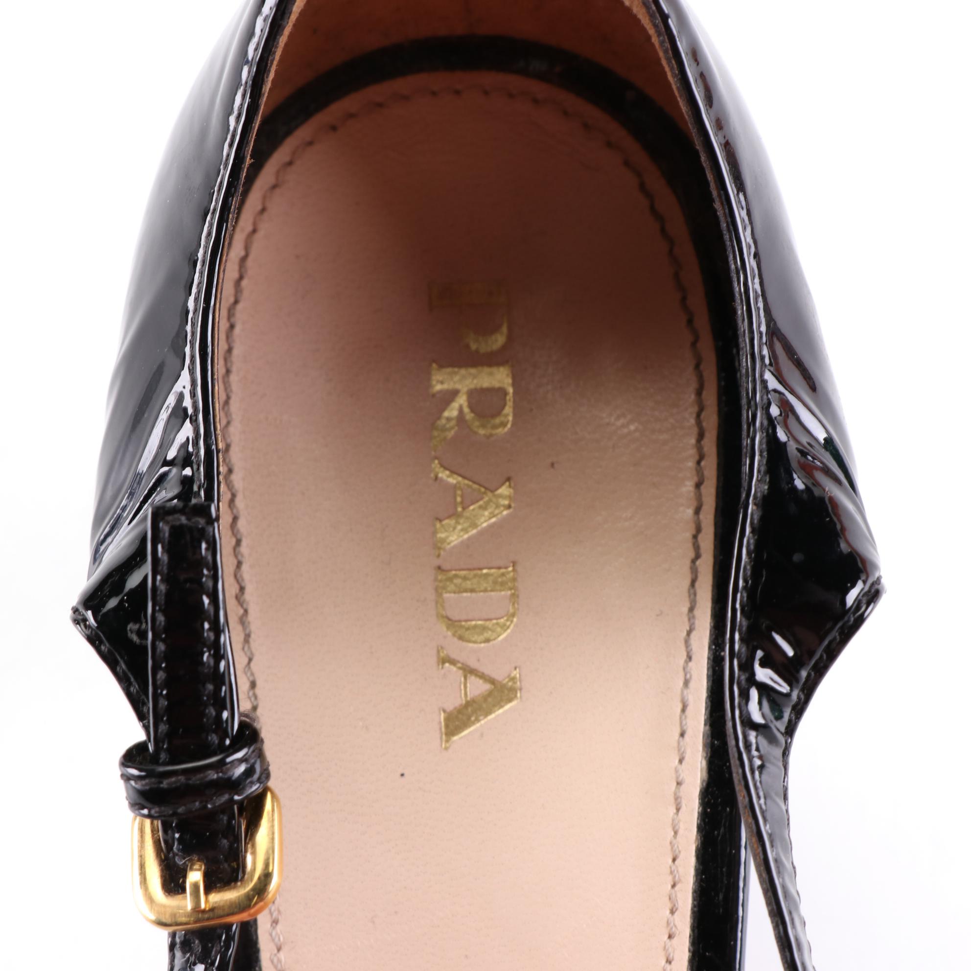 Prada 70mm Peep Toe T-Strap Sandals in Black Patent Leather