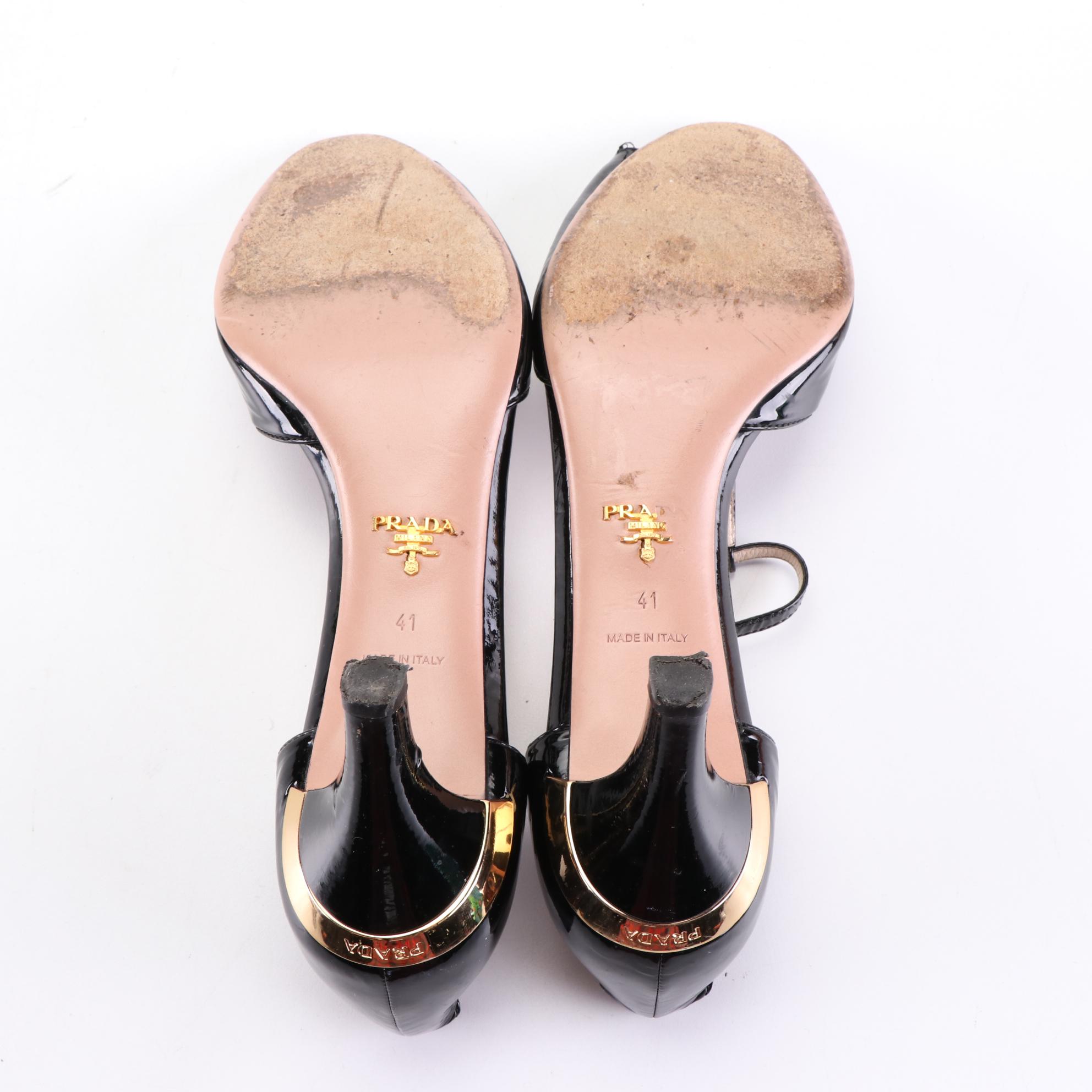 Prada 70mm Peep Toe T-Strap Sandals in Black Patent Leather