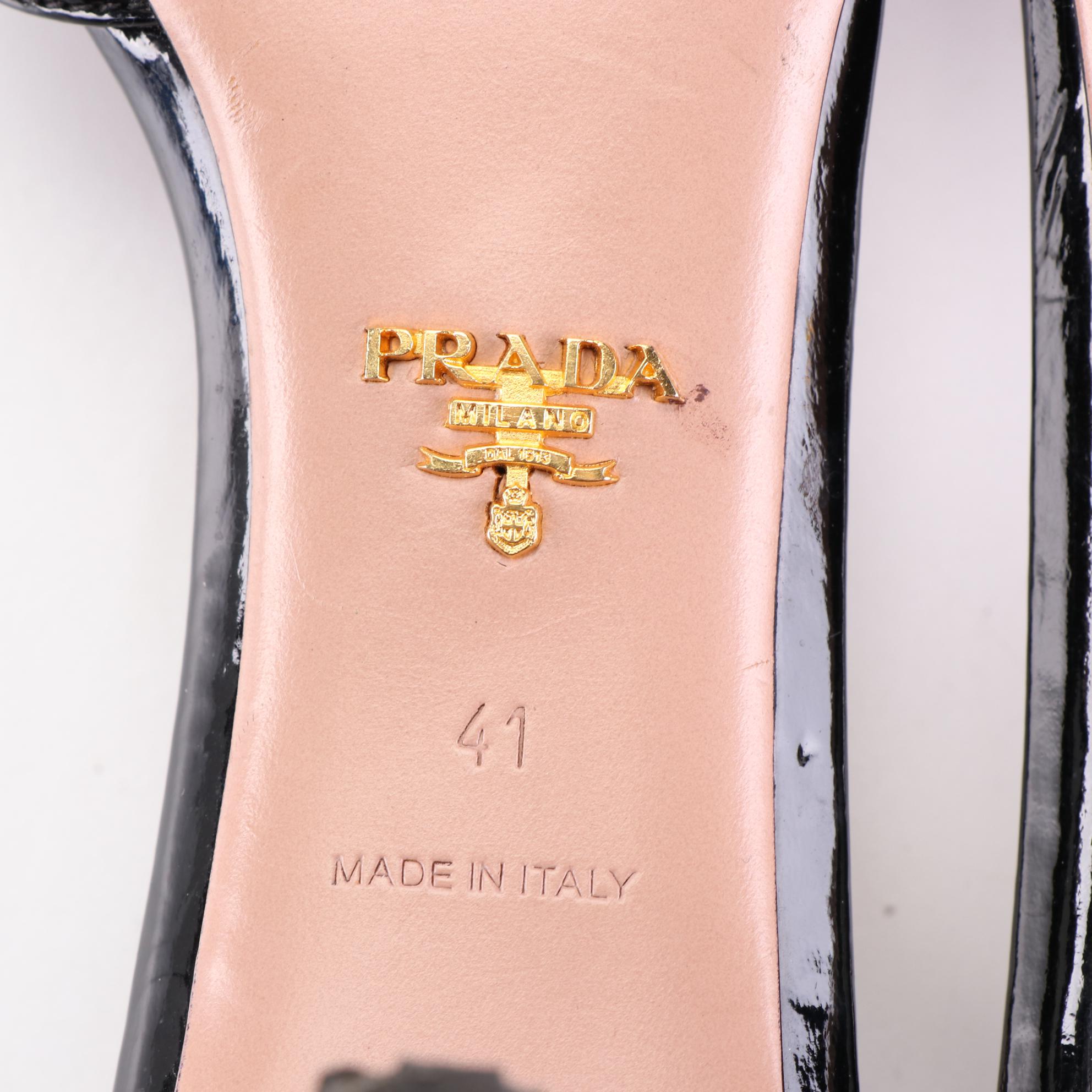 Prada 70mm Peep Toe T-Strap Sandals in Black Patent Leather