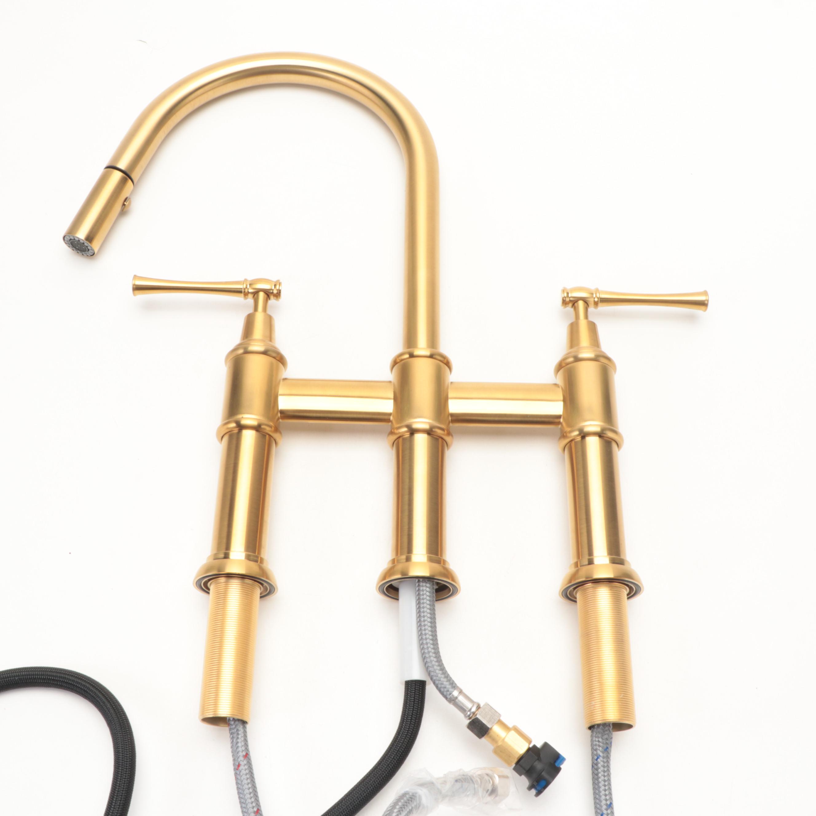 Brushed Gold Finish Pull-Down Bridge Kitchen Faucet