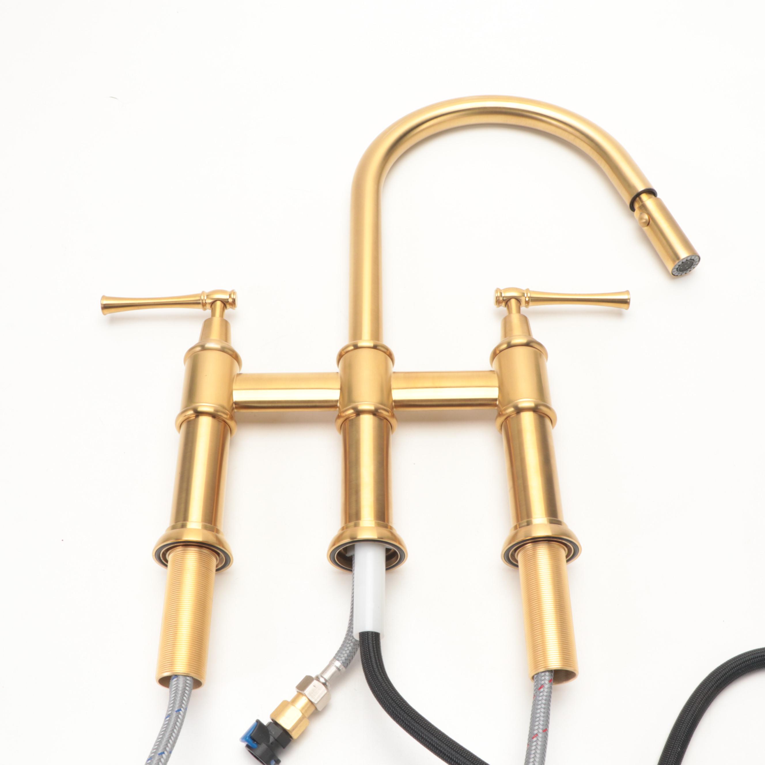 Brushed Gold Finish Pull-Down Bridge Kitchen Faucet