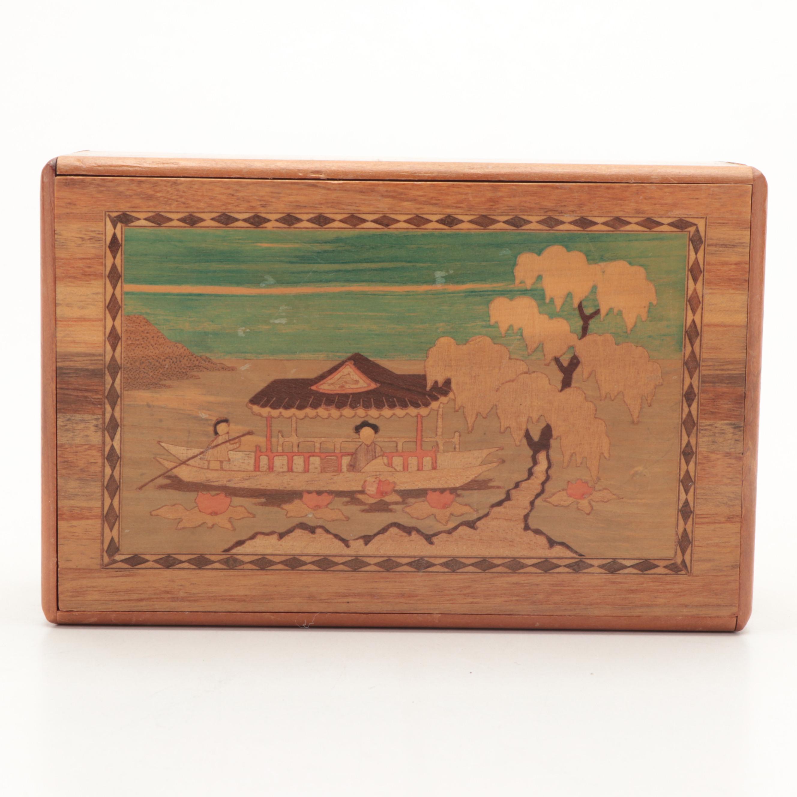 Japanese Inlaid Wood Marquetry Puzzle Box, Mid-20th Century