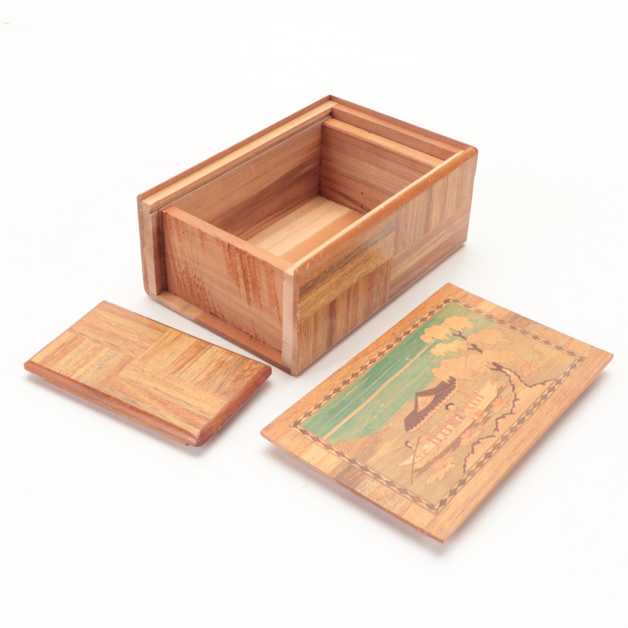Japanese Inlaid Wood Marquetry Puzzle Box, Mid-20th Century