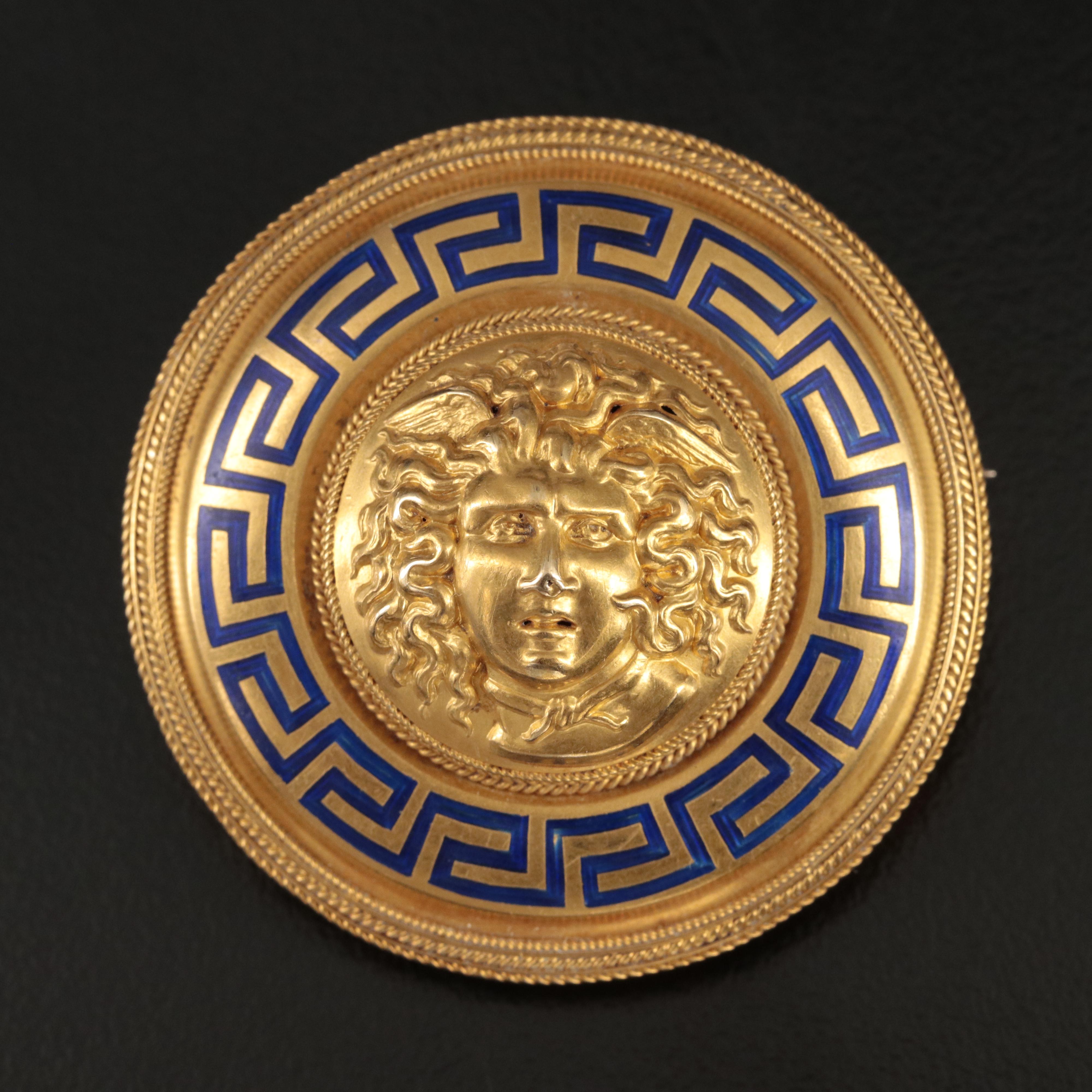 Victorian 14K Medusa Medallion Brooch with Chamber and Blue Enamel Tracery