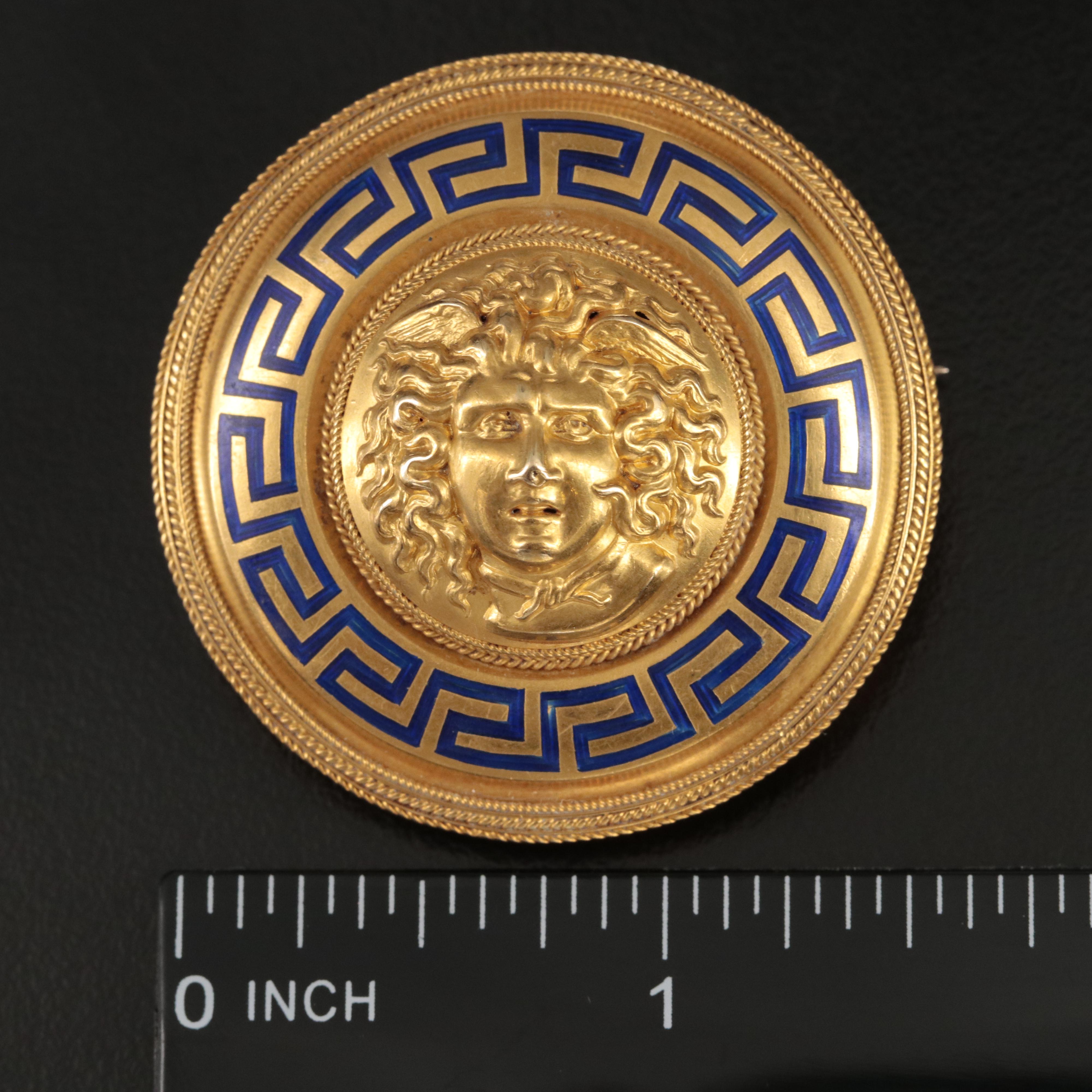 Victorian 14K Medusa Medallion Brooch with Chamber and Blue Enamel Tracery