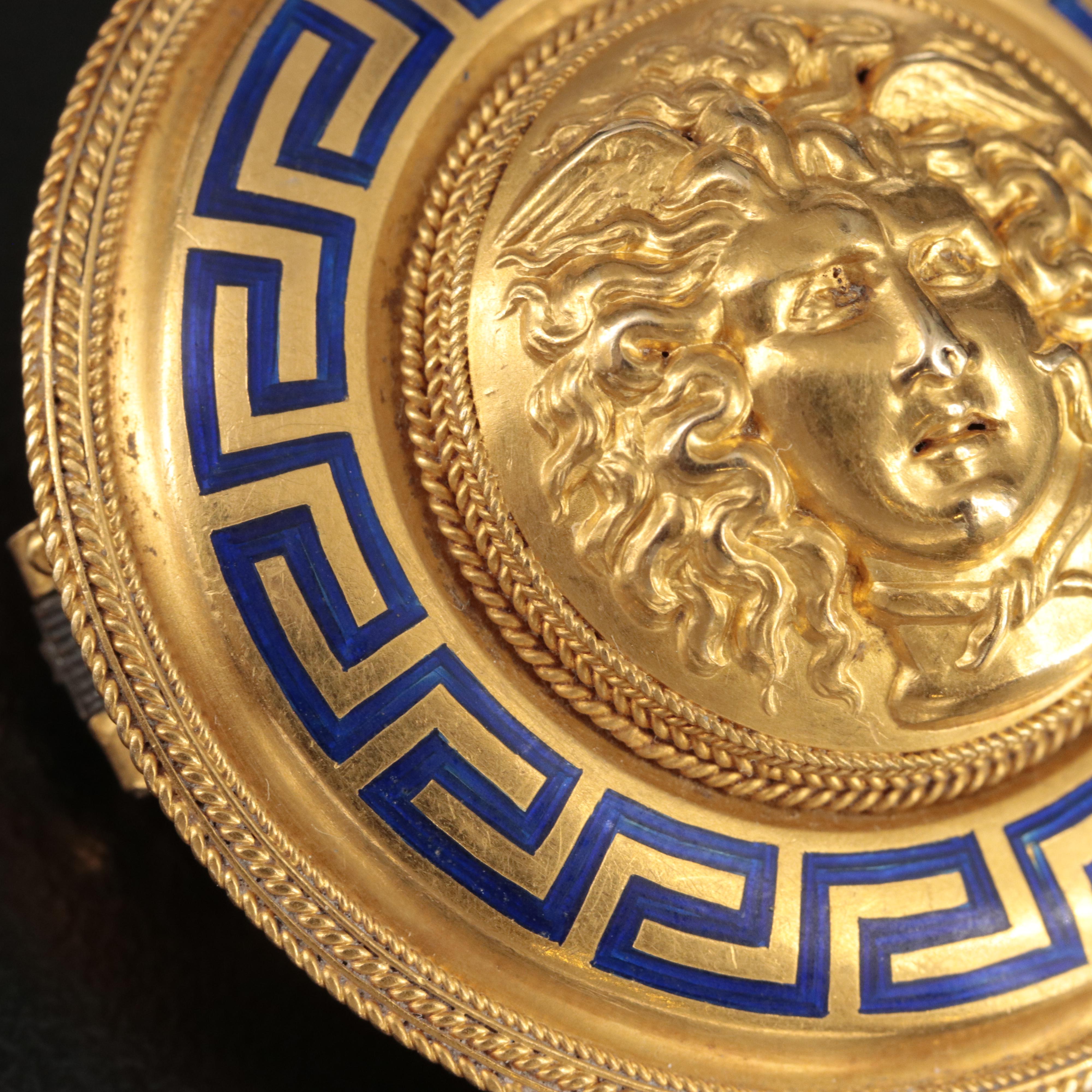Victorian 14K Medusa Medallion Brooch with Chamber and Blue Enamel Tracery