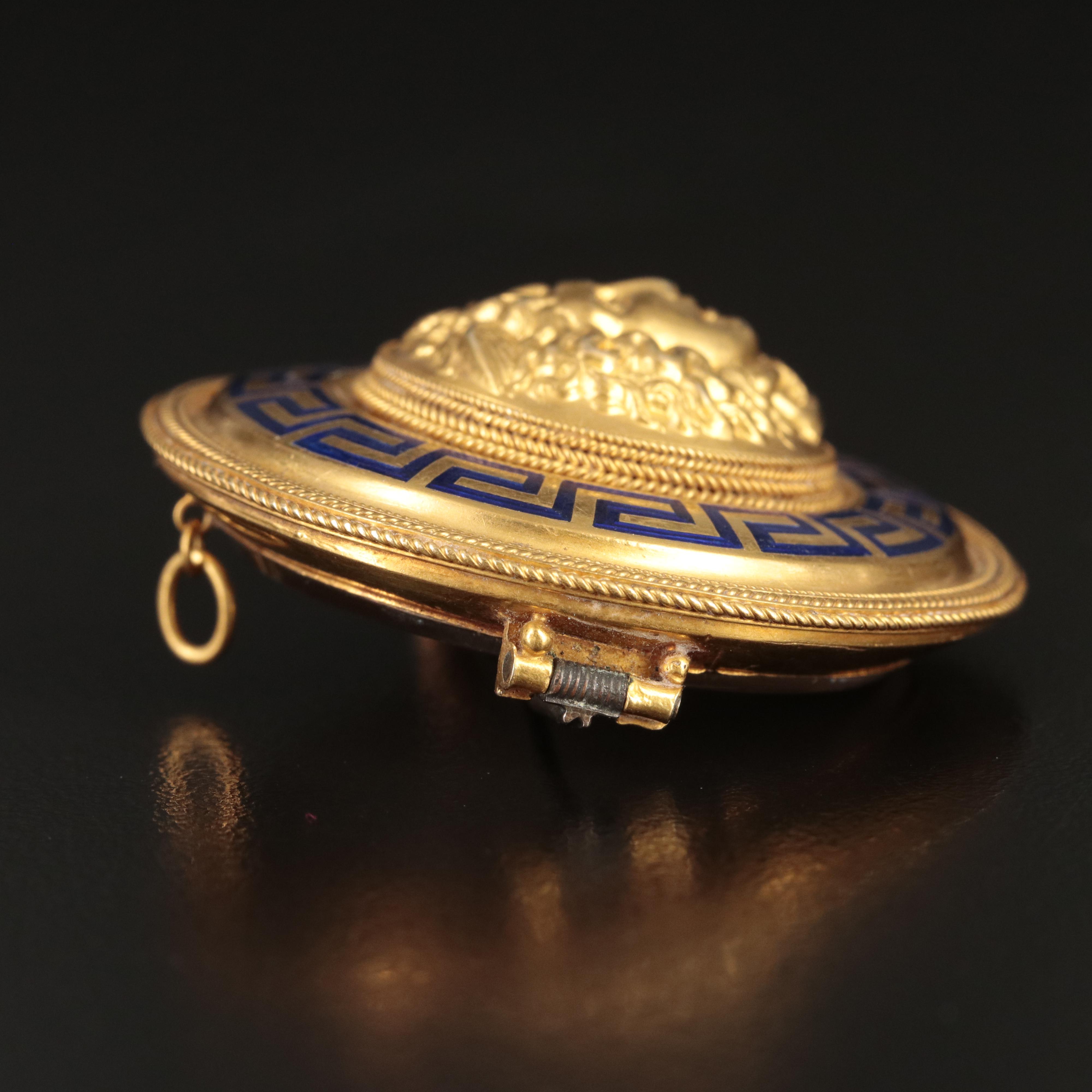 Victorian 14K Medusa Medallion Brooch with Chamber and Blue Enamel Tracery