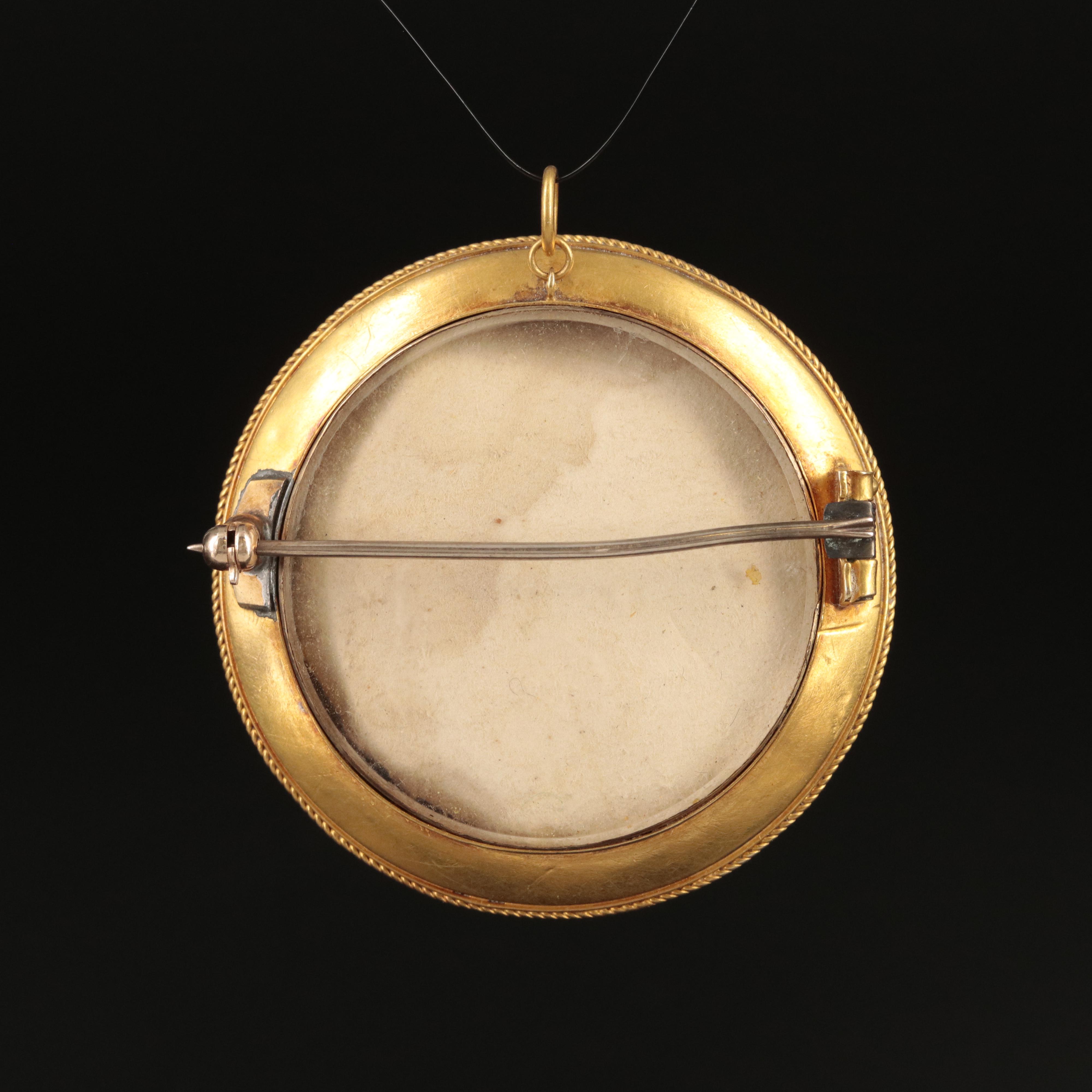 Victorian 14K Medusa Medallion Brooch with Chamber and Blue Enamel Tracery