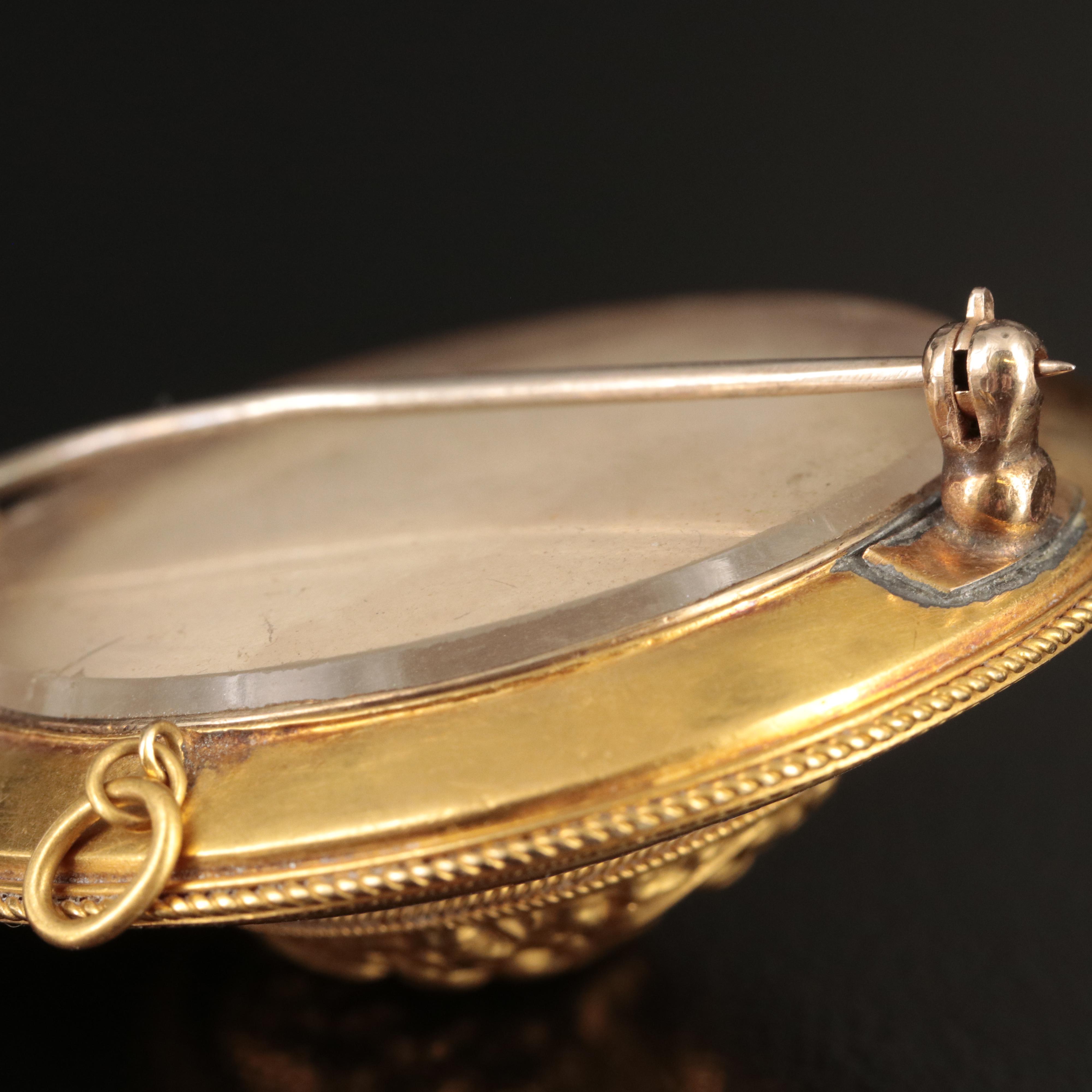 Victorian 14K Medusa Medallion Brooch with Chamber and Blue Enamel Tracery