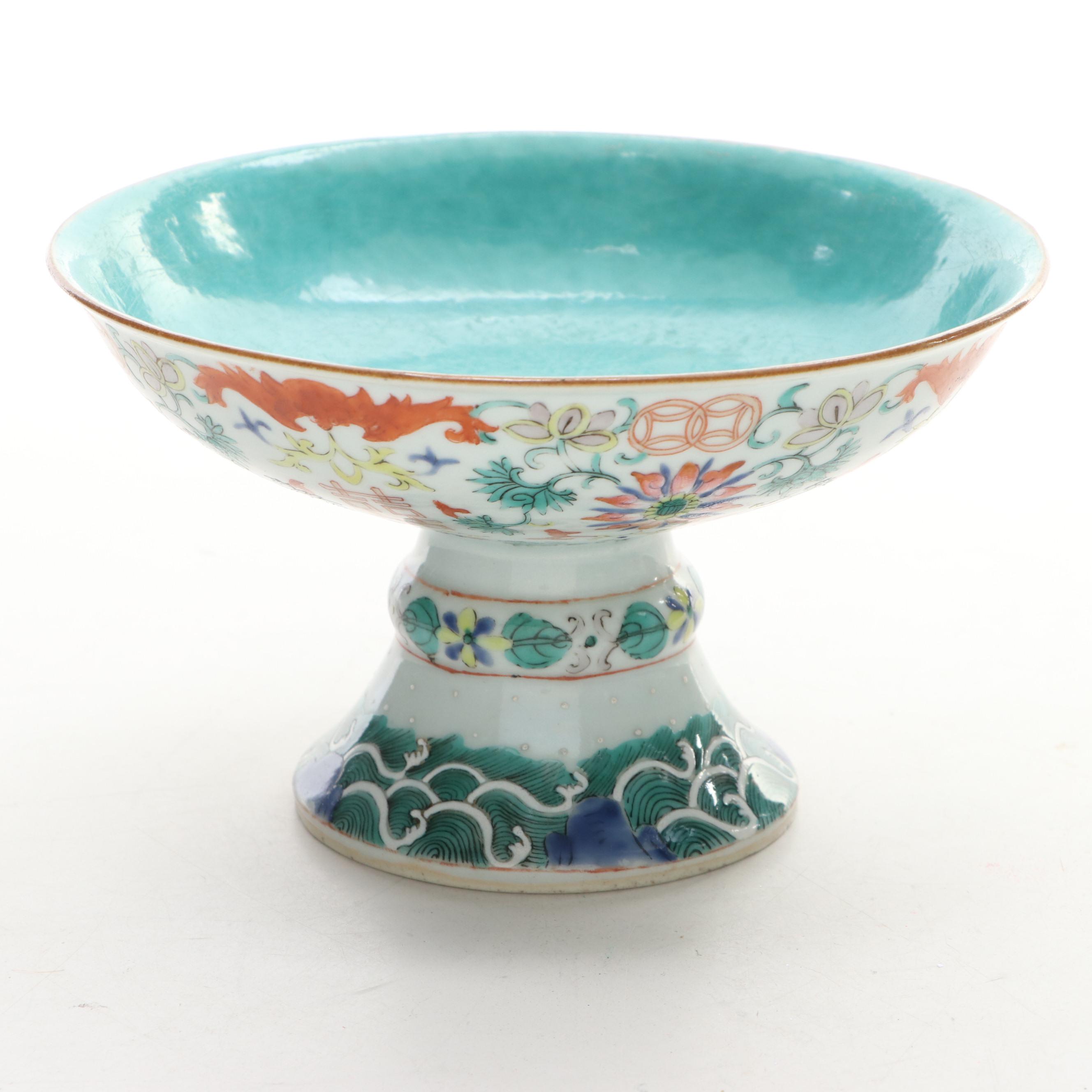 Decorative Hand-Painted Porcelain Pedestal Bowl and Oblong Dish