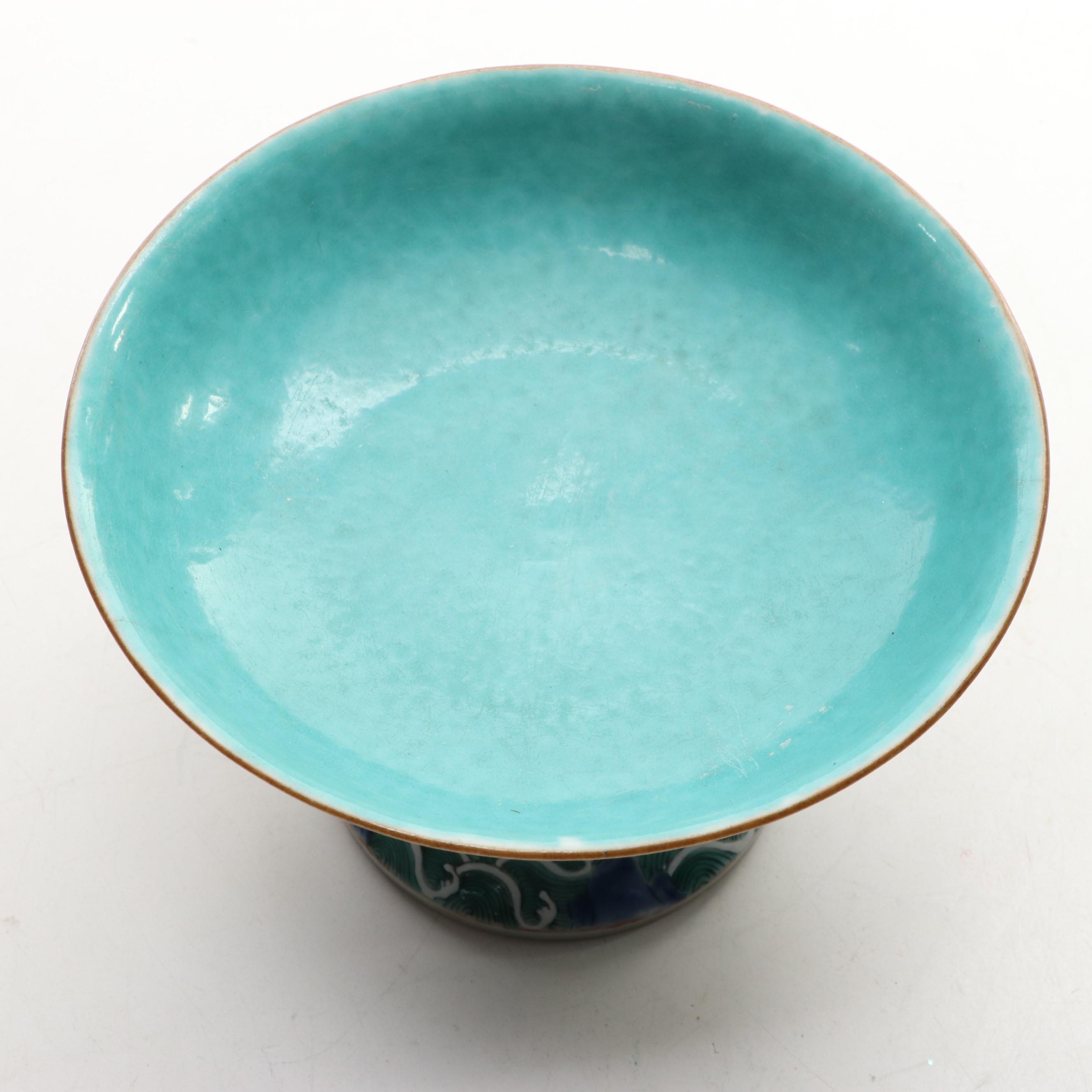 Decorative Hand-Painted Porcelain Pedestal Bowl and Oblong Dish