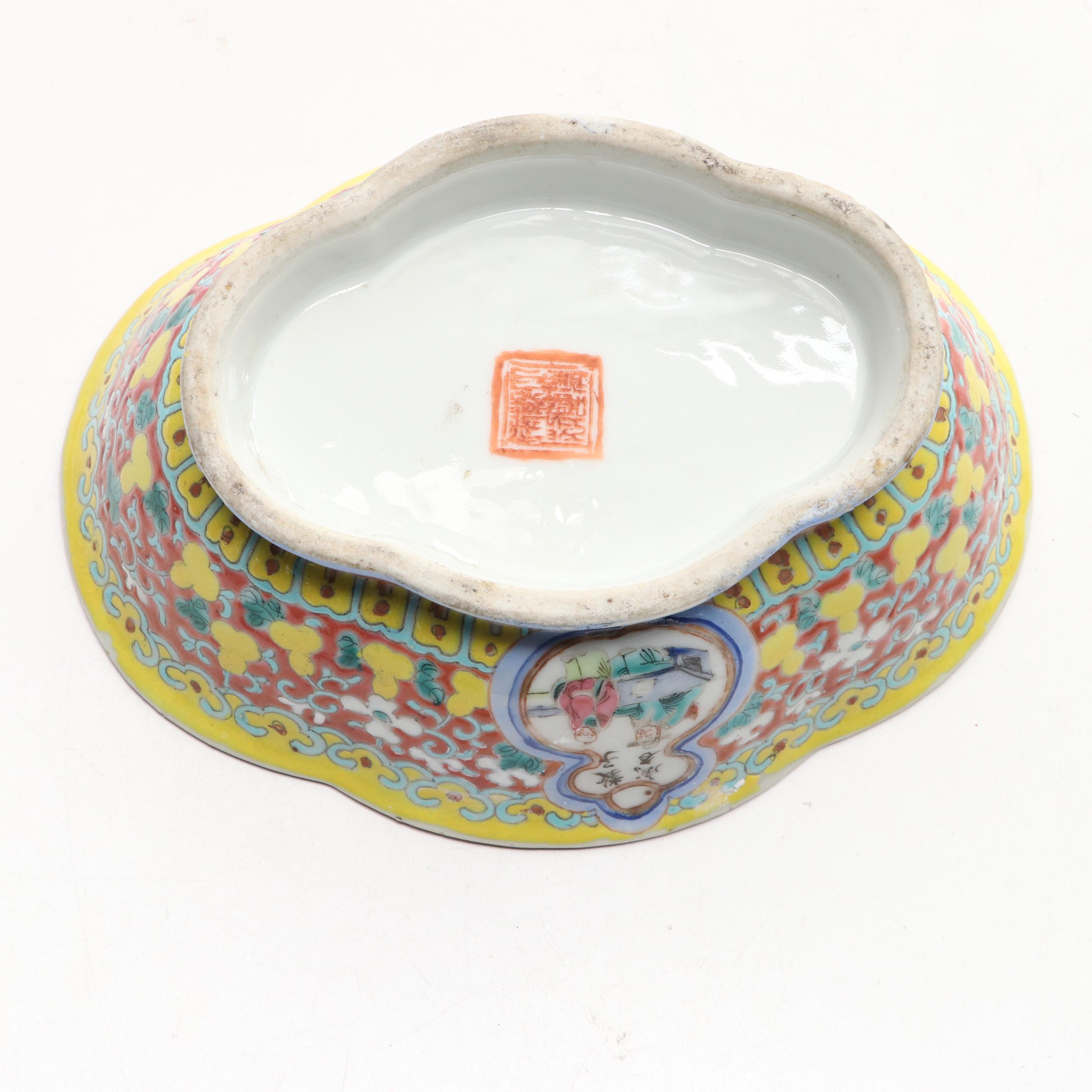 Decorative Hand-Painted Porcelain Pedestal Bowl and Oblong Dish
