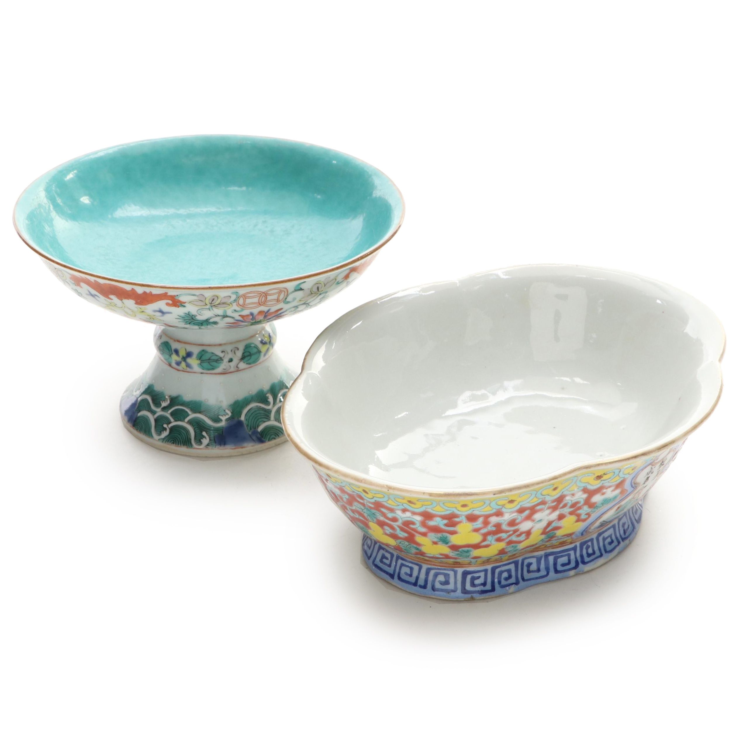 Decorative Hand-Painted Porcelain Pedestal Bowl and Oblong Dish