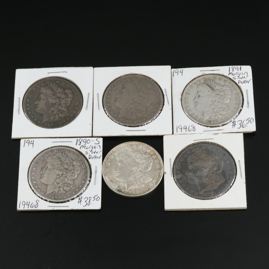 Group of Six Silver Morgan Dollars Including an 1891