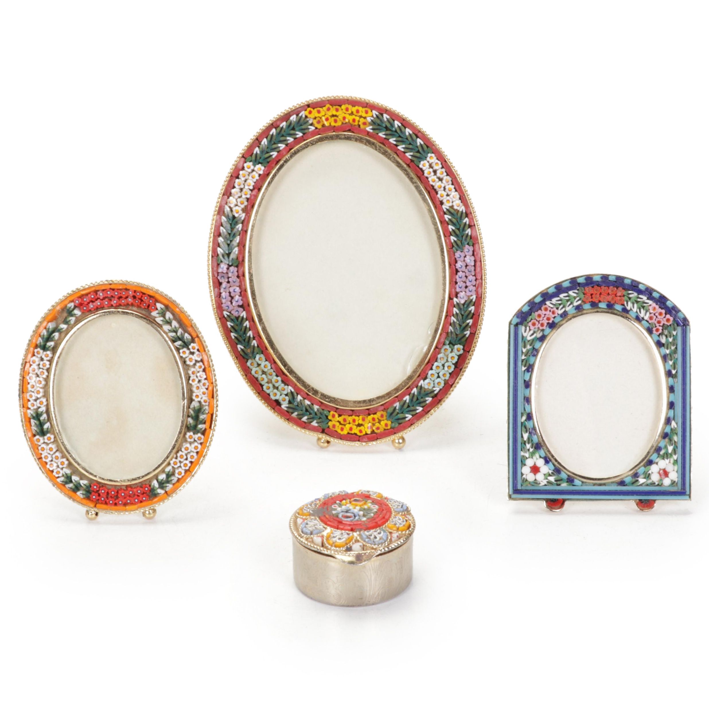 Italian Micro Mosaic Tabletop Picture Frames and Pillbox, Mid to Late 20th C