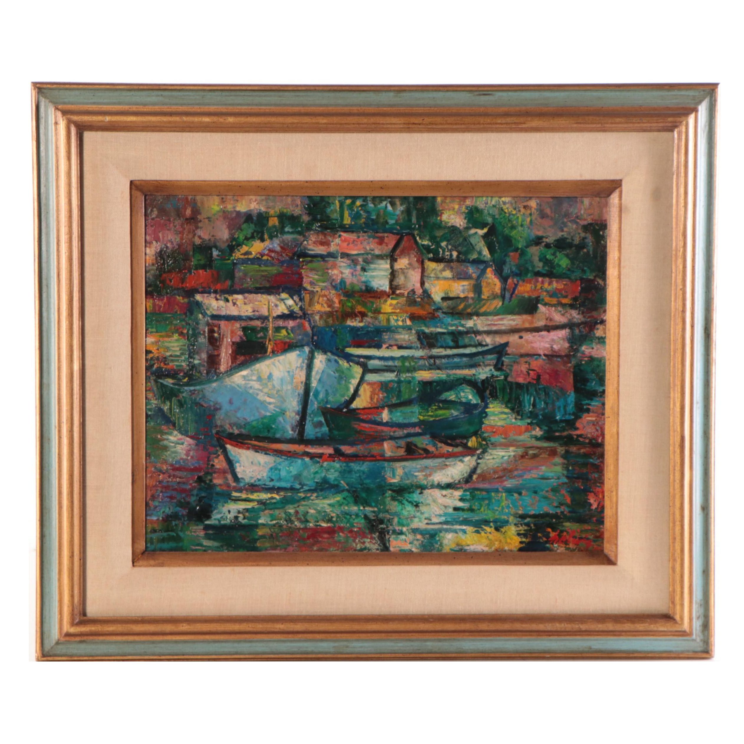 Arthur Helwig Oil Painting of Boats, Mid-20th Century