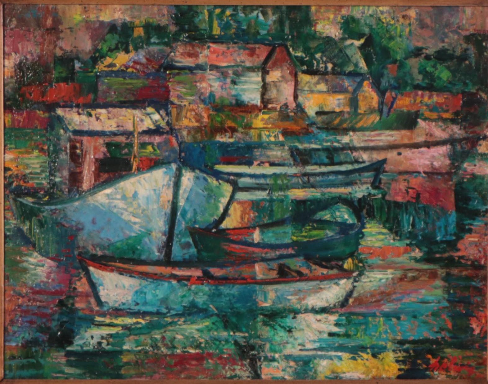 Arthur Helwig Oil Painting of Boats, Mid-20th Century