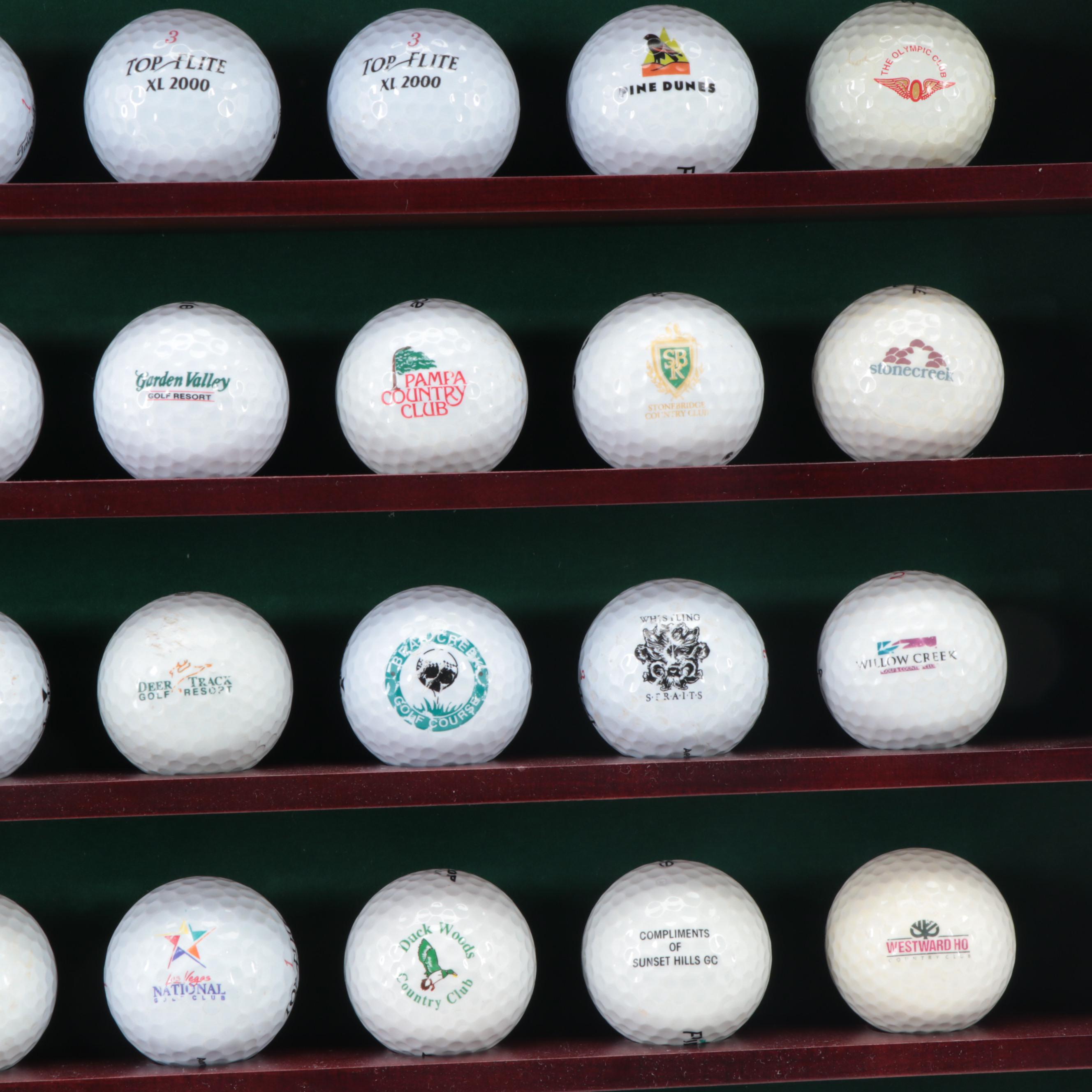 Collection of Novelty and Souvenir Golf Balls in Wood Display Case