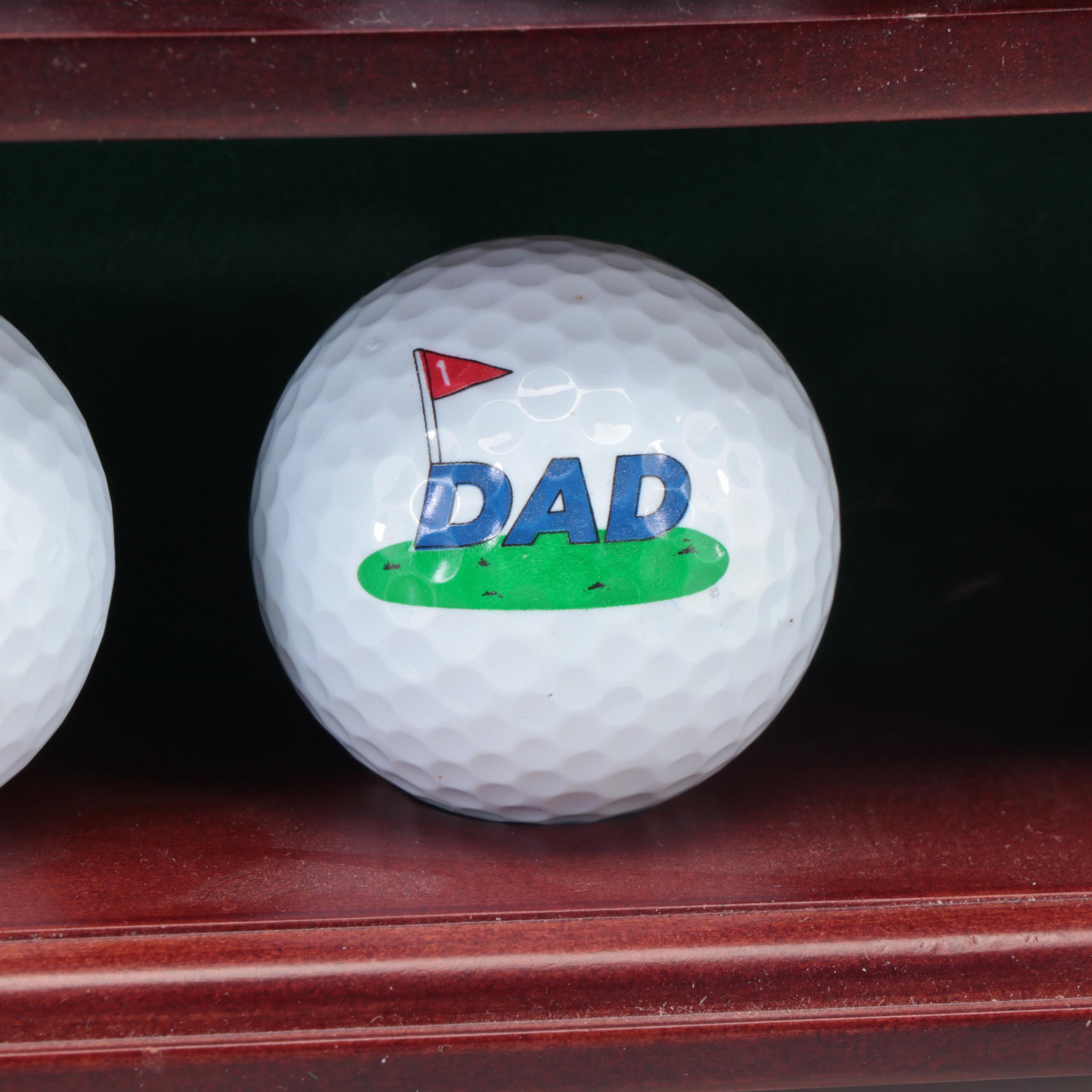 Collection of Novelty and Souvenir Golf Balls in Wood Display Case