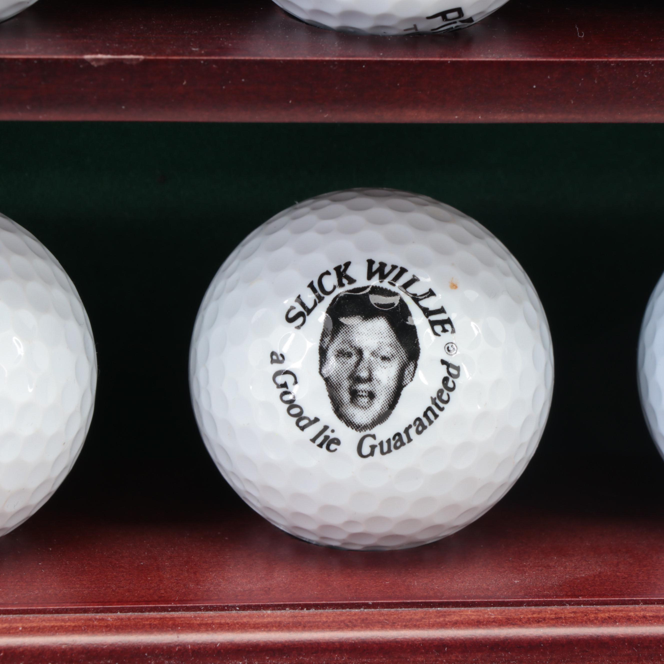 Collection of Novelty and Souvenir Golf Balls in Wood Display Case