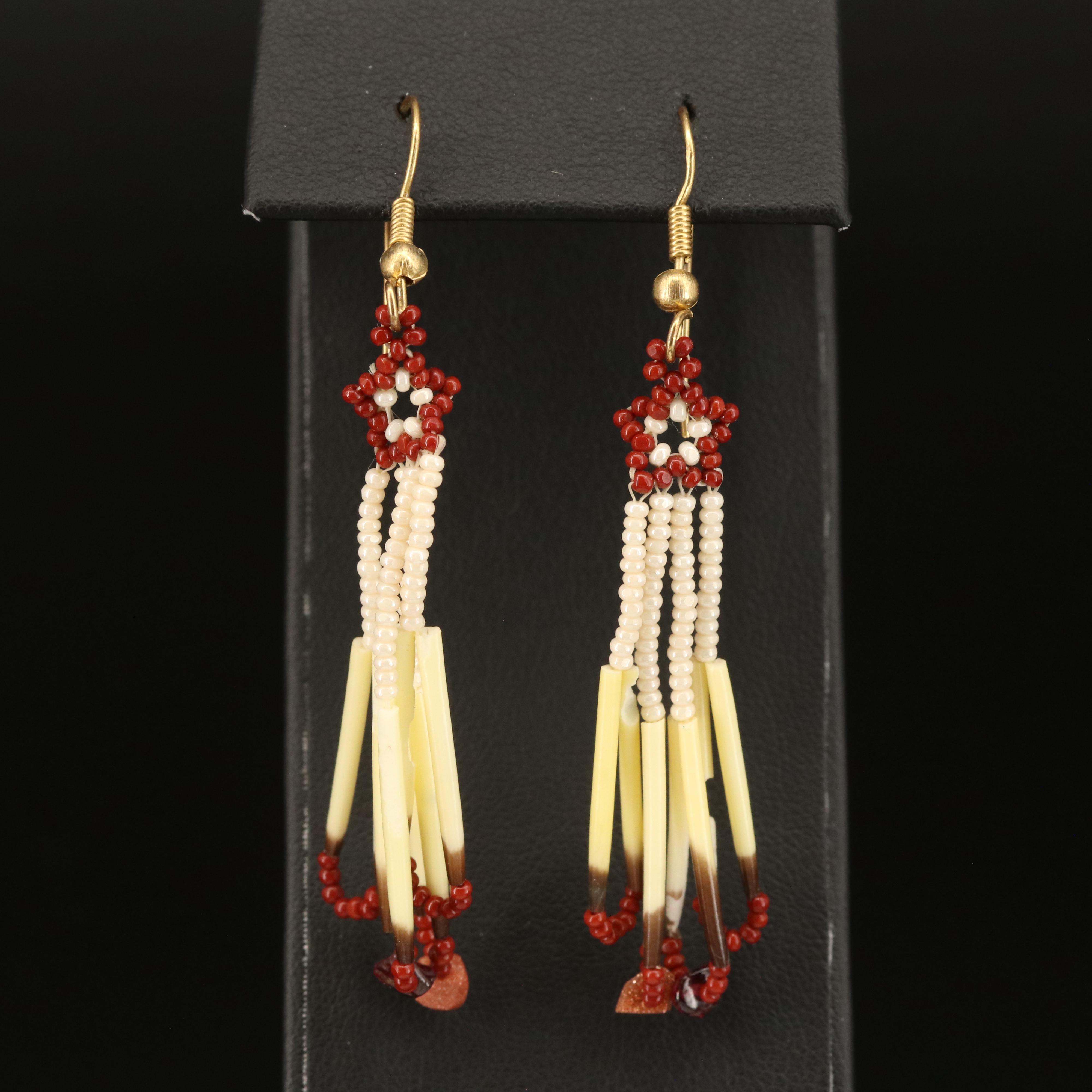 Agate, Sunstone and Mother-of-Pearl Beaded Necklace and Fringe Earrings