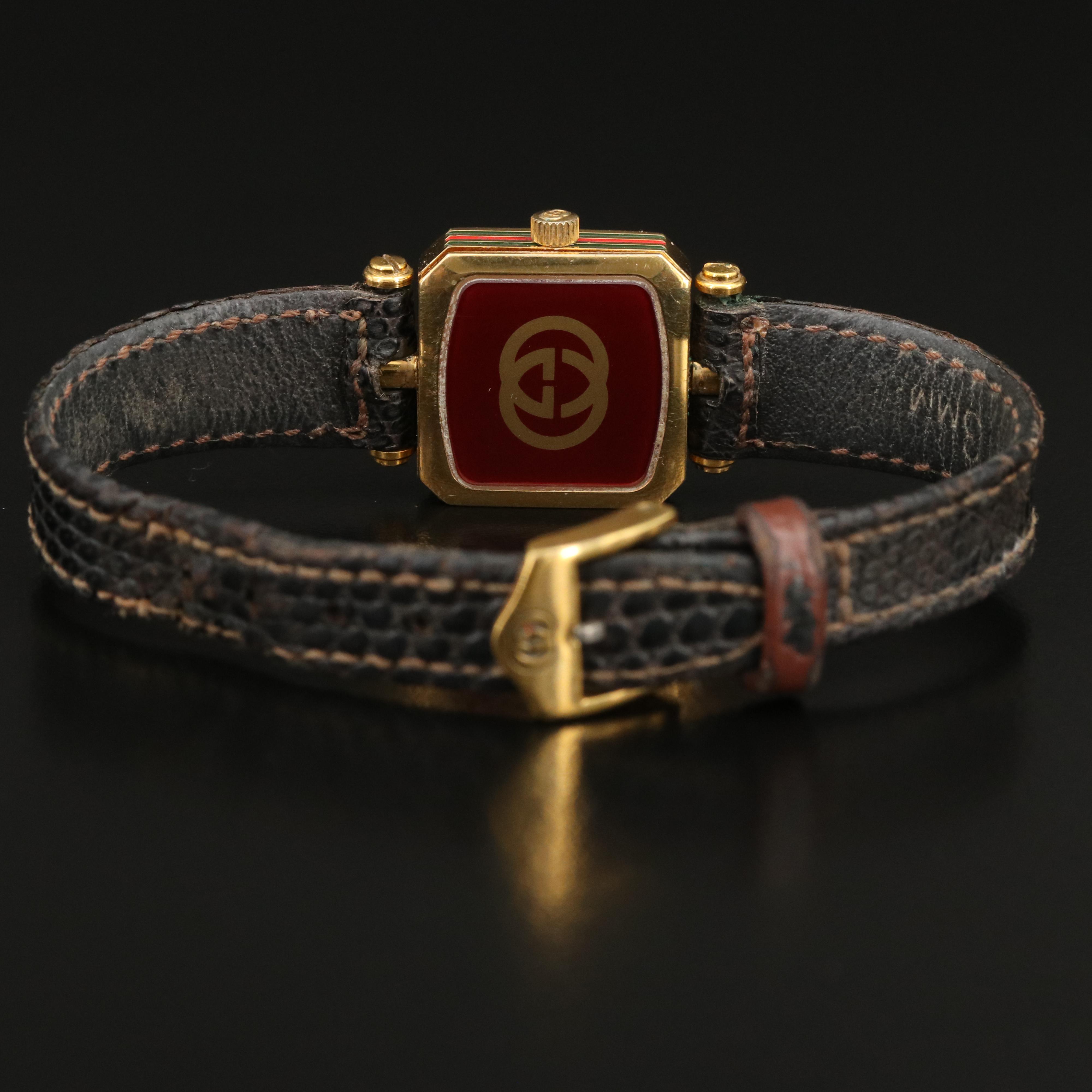 Vintage Gucci Green and Red Enamelled Case Watch