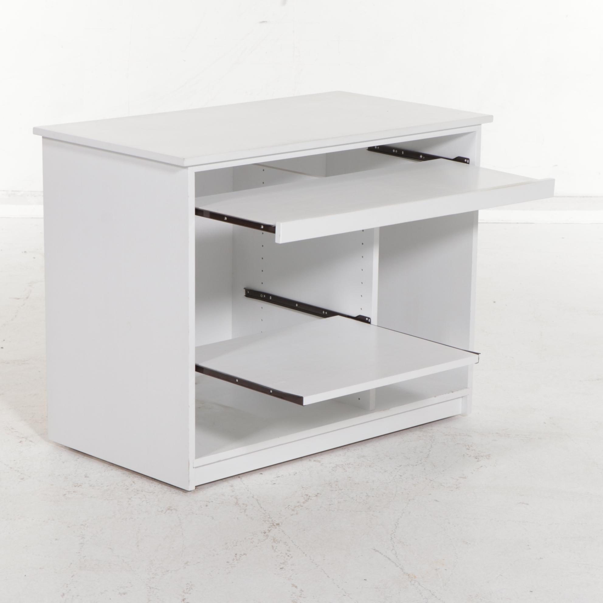 Contemporary White-Finished Rolling Computer Desk with Pull-Out Shelves