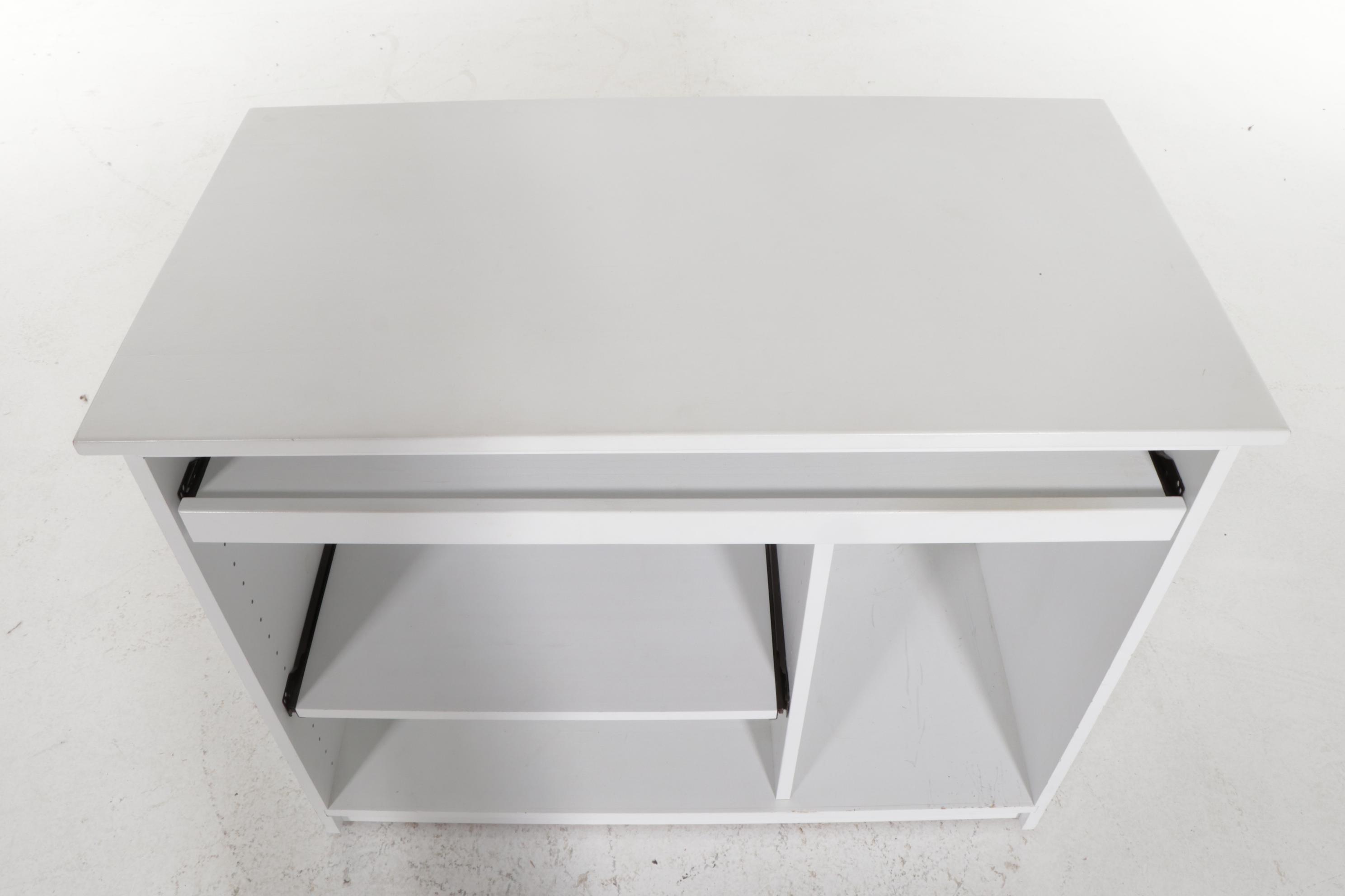 Contemporary White-Finished Rolling Computer Desk with Pull-Out Shelves