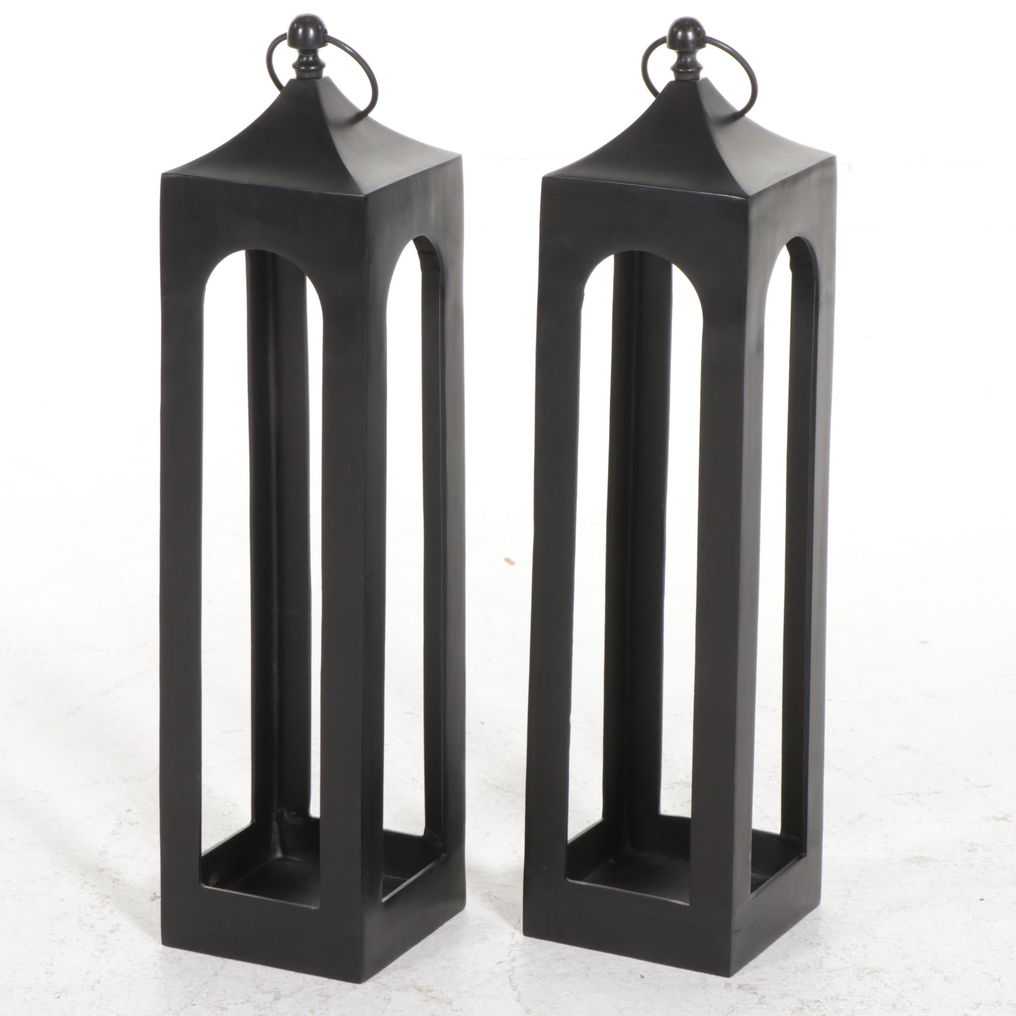 Pair of Pottery Barn "Caleb" Black Powder-Coated Aluminum Candle Lanterns