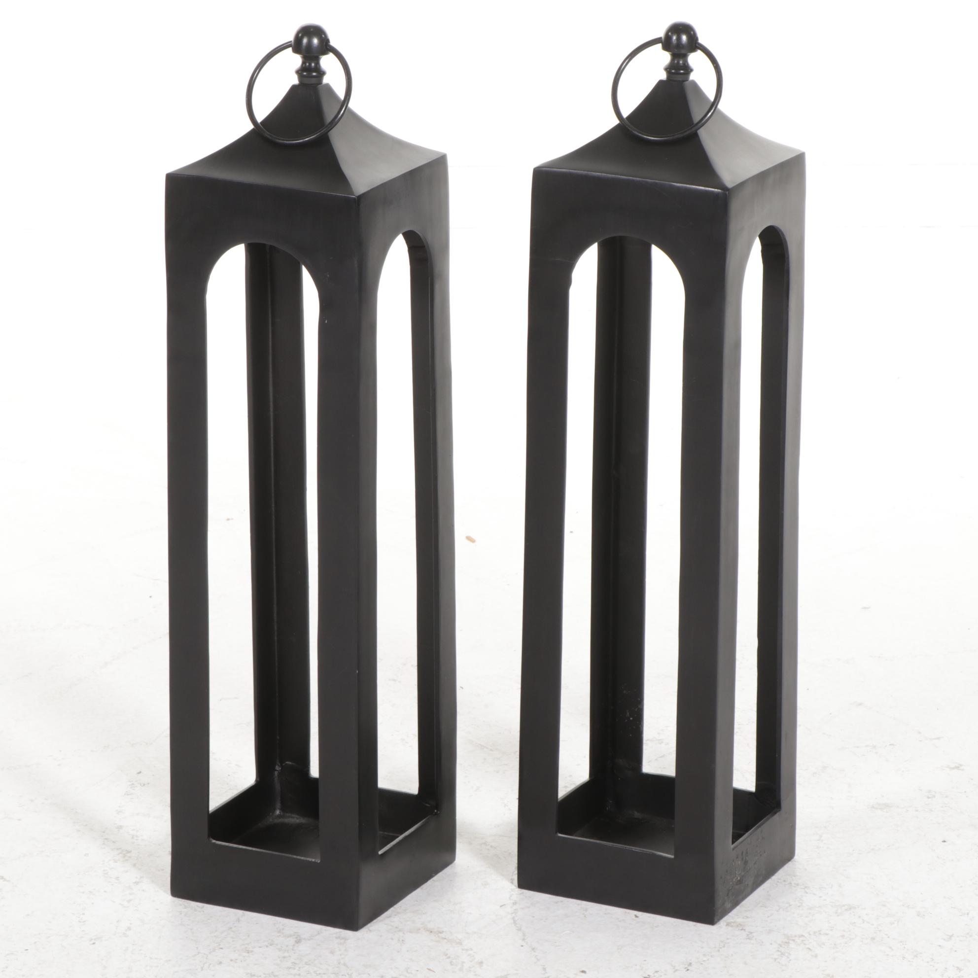 Pair of Pottery Barn "Caleb" Black Powder-Coated Aluminum Candle Lanterns