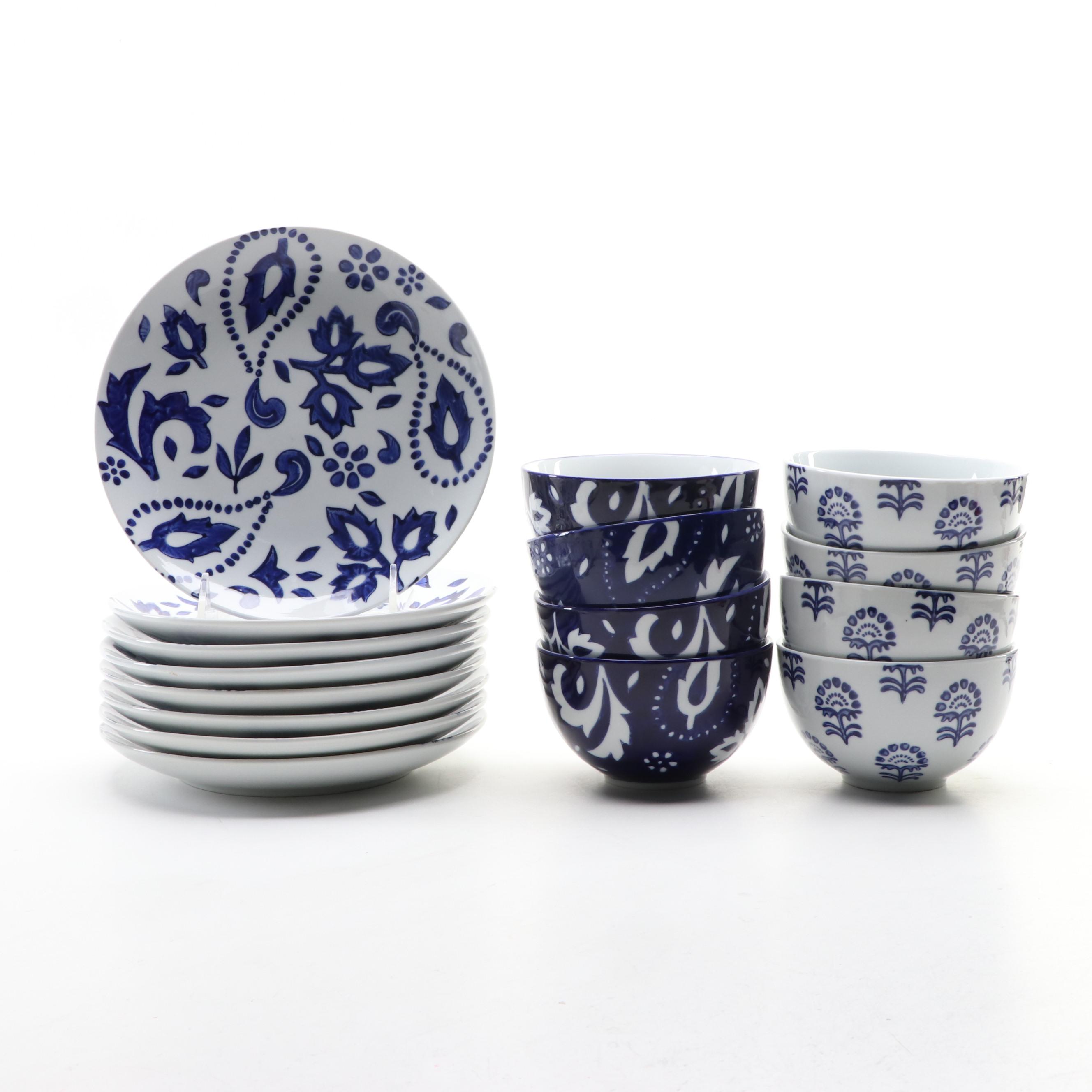 Tag Ltd. Stencil Decorated Blue and White Ceramic Dinnerware