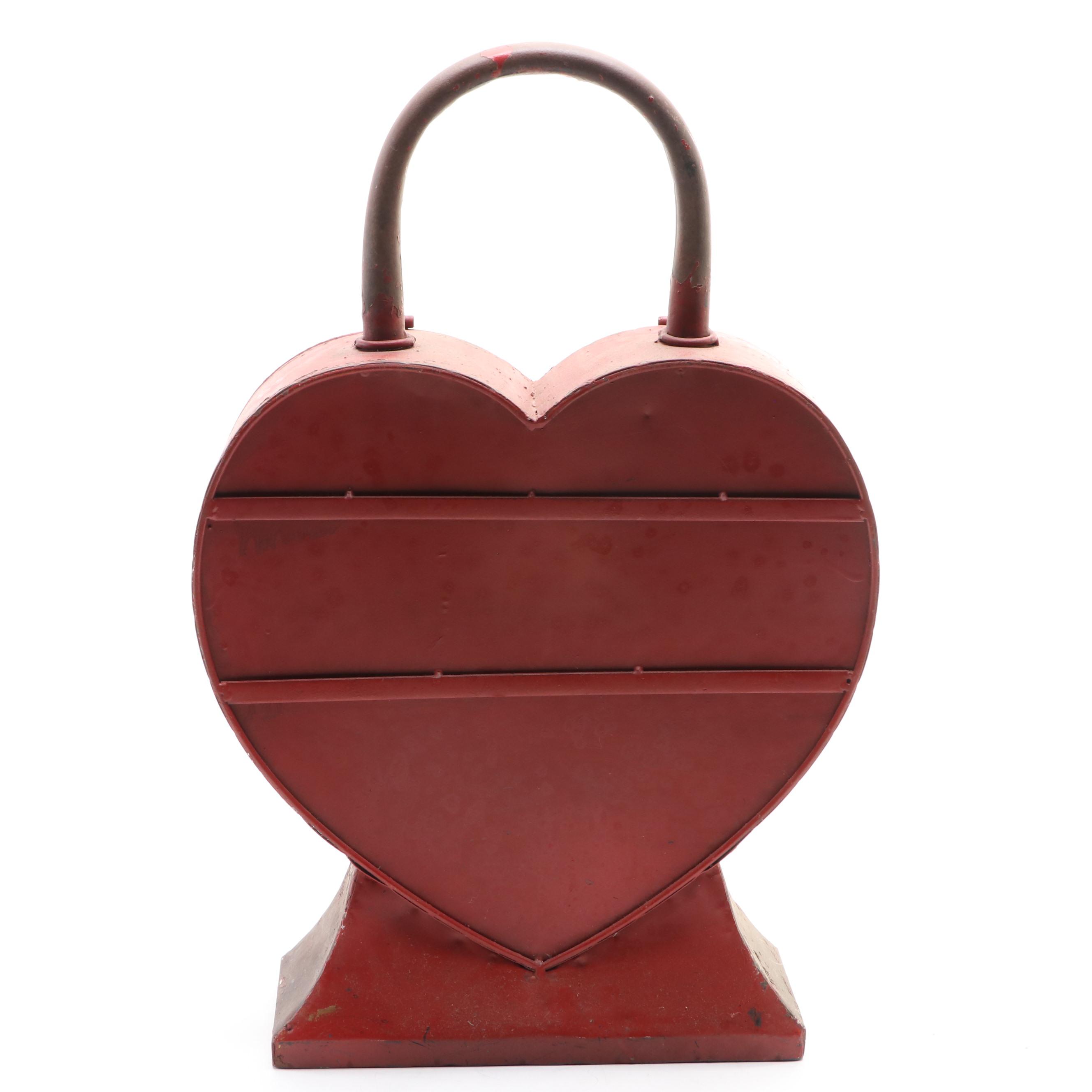 Metal Heart Lock Box With Key Hooks, Early 20th Century
