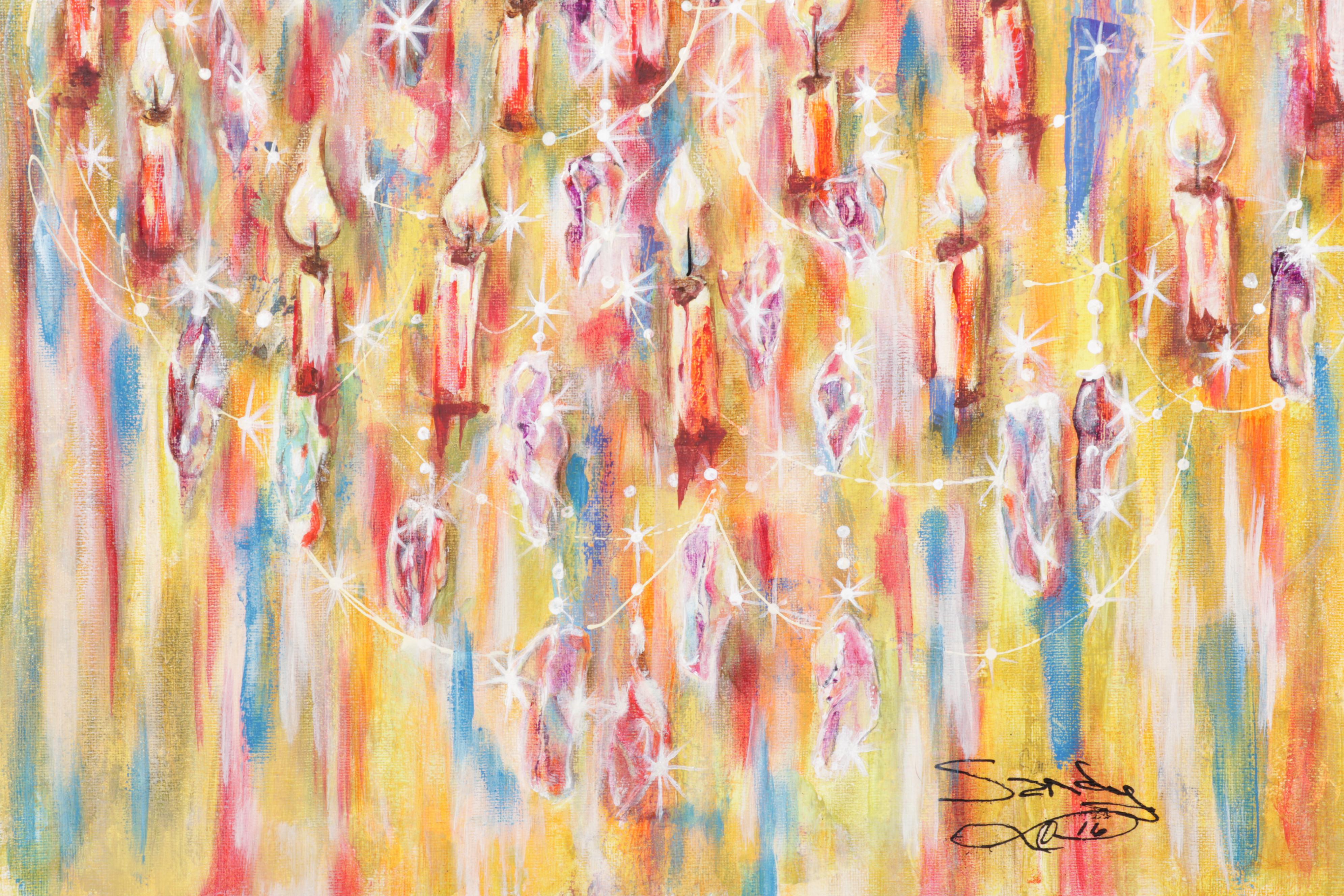 Sandy Daniels Acrylic Painting of Candlelit Chandelier, 2016
