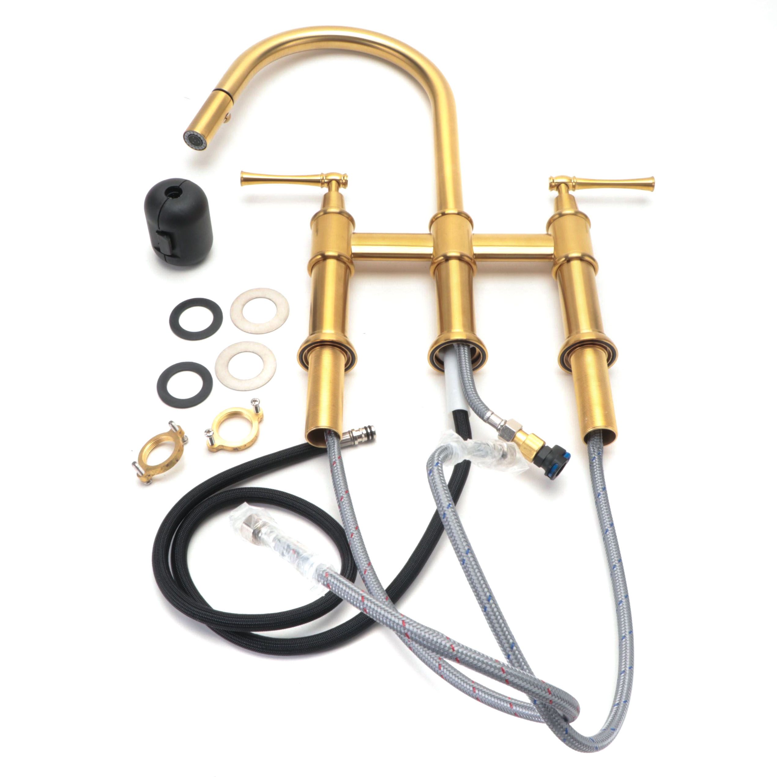 Brushed Gold Finish Pull-Down Bridge Kitchen Faucet