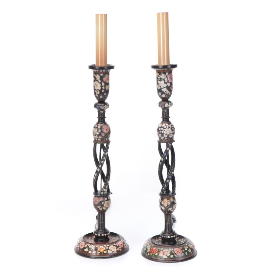 Pair of Paint-Decorated Twist Candlestick Lamps, Mid-20th Century