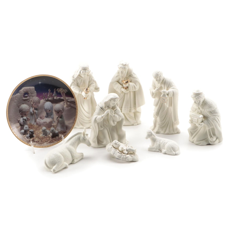 Gilt Accented Bisque Nativity Figures with Precious Moments Collector Plate
