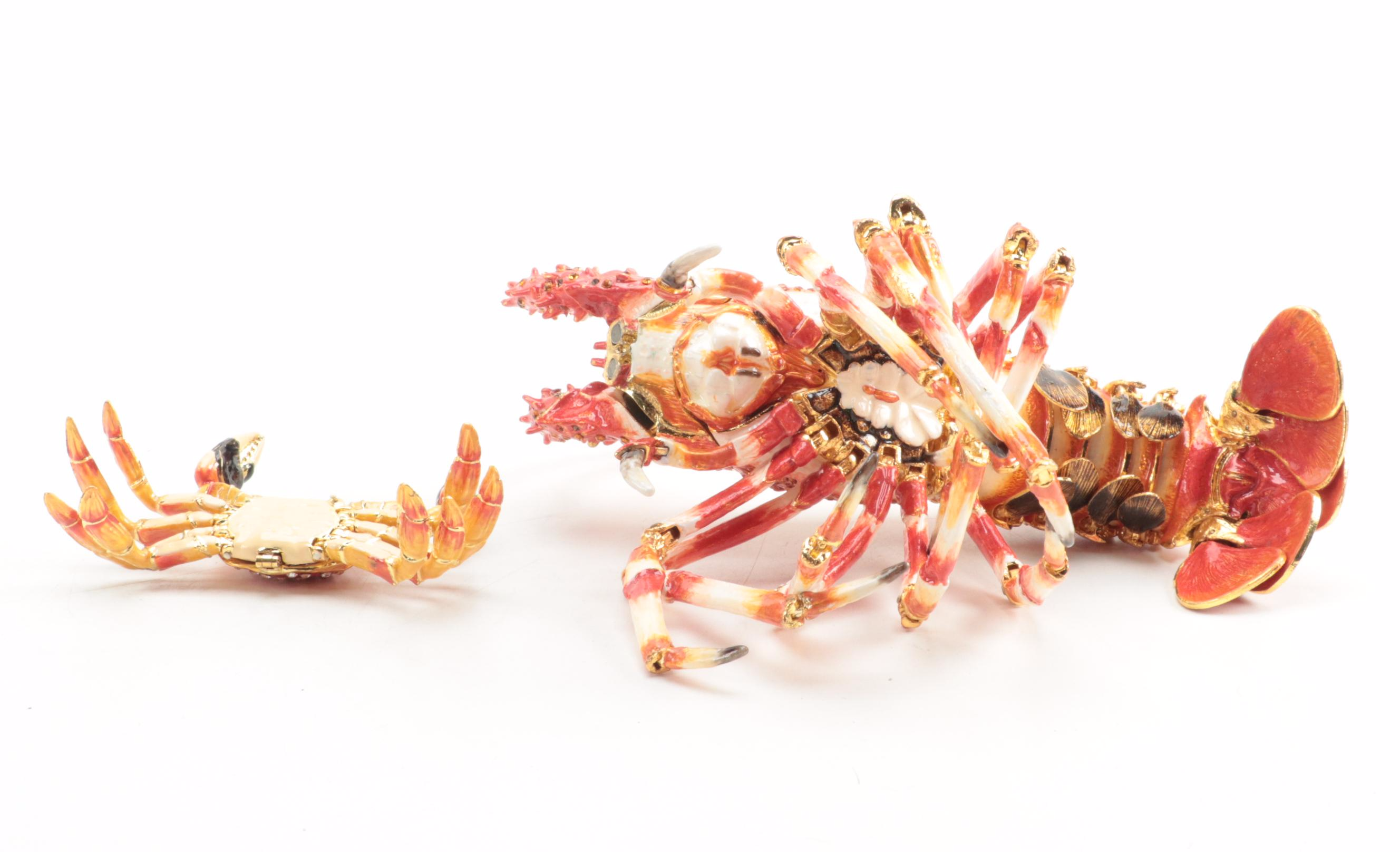 Jere. Crab and Shrimp Enamel and Jeweled Metal Trinket Boxes