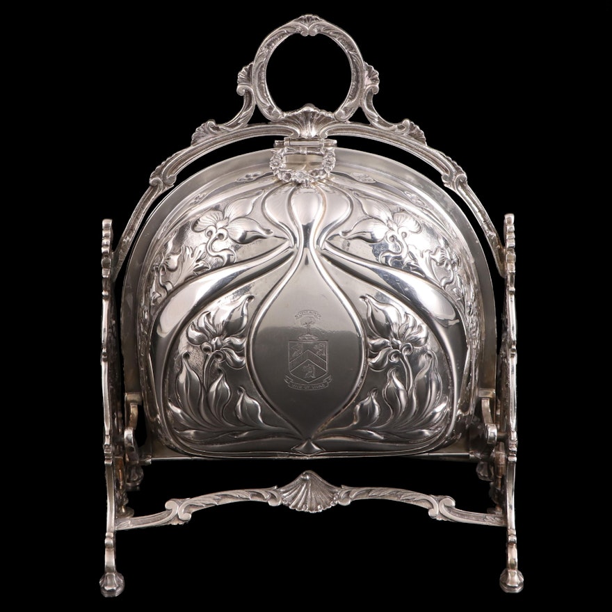 English Silver Plate Biscuit Warmer with Engraved Heralic Crest